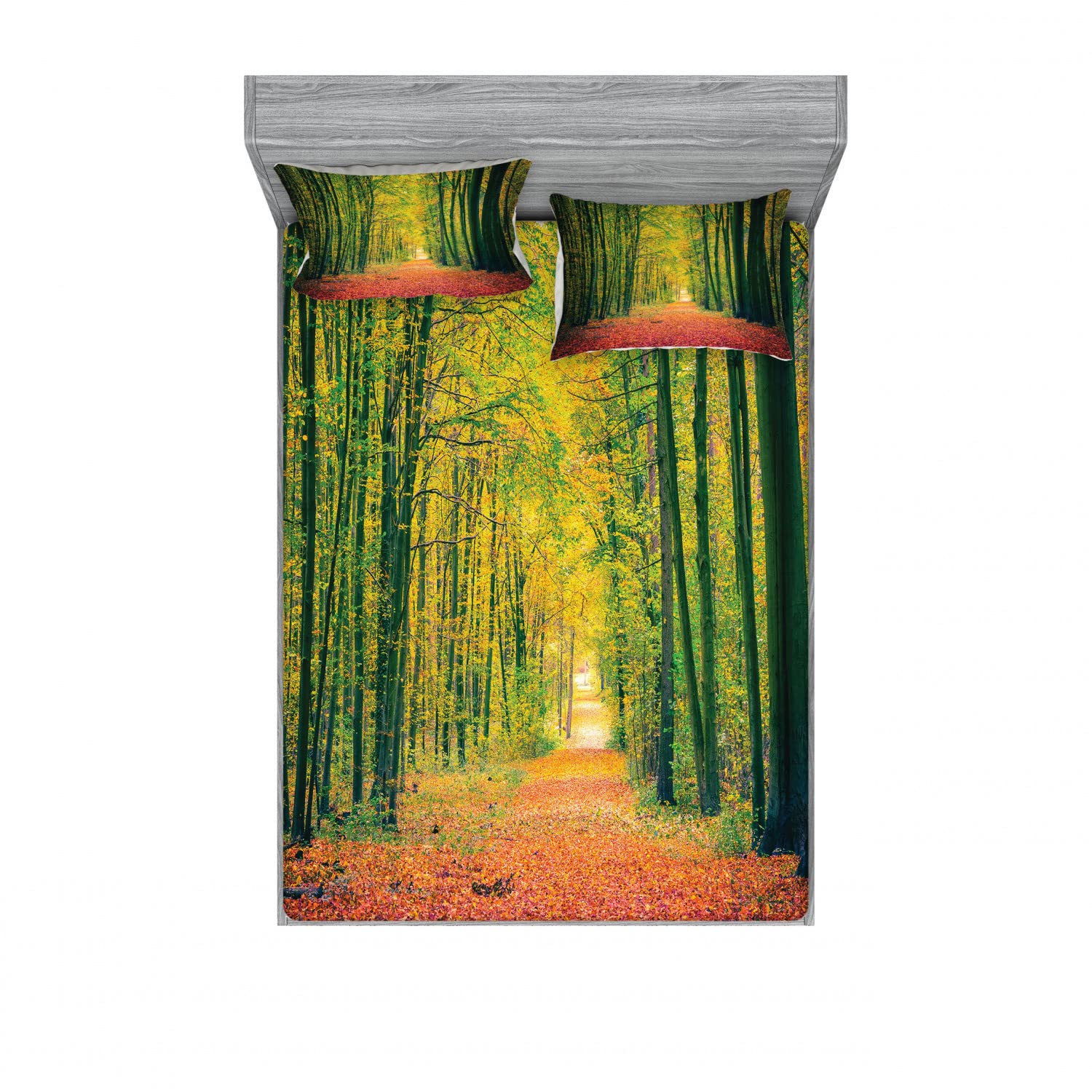 Ambesonne Autumn 2-Piece Queen Fitted Sheet Set with 4 Pillow Shams - Warm Fall Leaves & Forest Road Design, Soft Jersey Knit Bedding for Cozy Seasonal Decor | Perfect for Guest Rooms, Cabins & Autumn-Themed Bedrooms