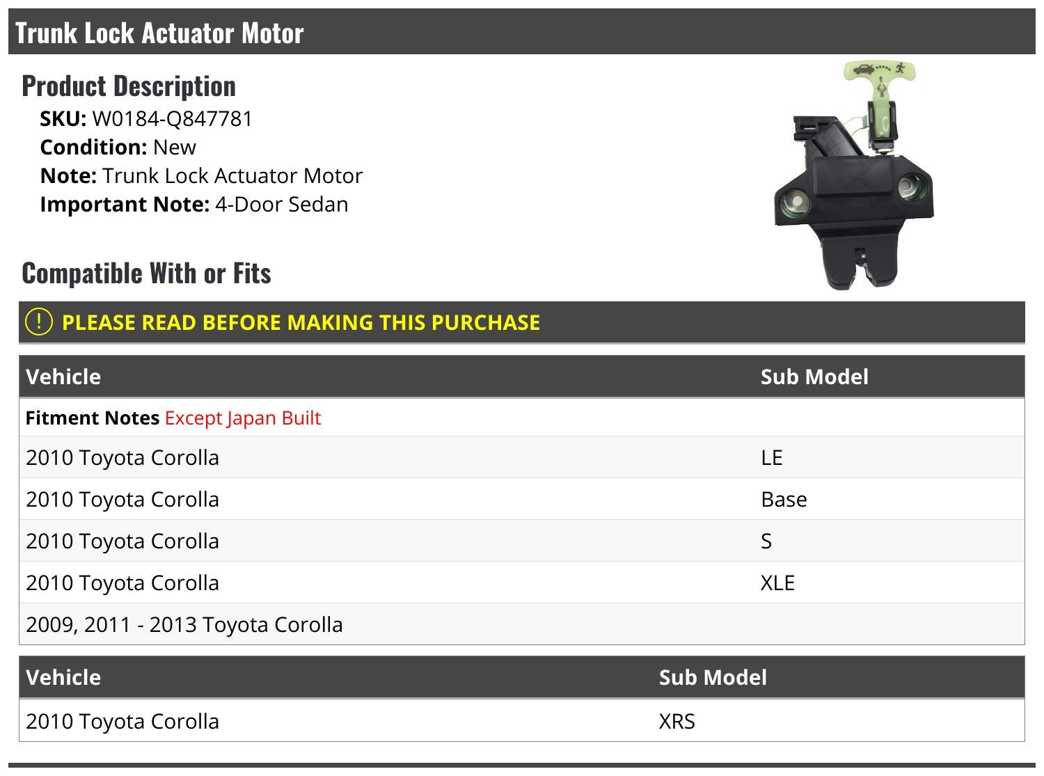 Trunk Lock Actuator Motor for 2009-2013 Toyota Corolla Sedan - Replacement Part for Secure Trunk Access | Perfect for Car Repairs & Maintenance