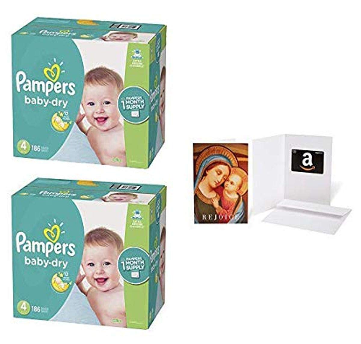 Pampers Baby Dry Disposable Diapers Size 4 (186 Count, Pack of 2) with $20 Amazon Gift Card - Madonna with Child Design | Ultra Absorbent for Overnight Protection | Perfect for Newborns, Infants & Toddlers | Daycare, Travel & Home Use