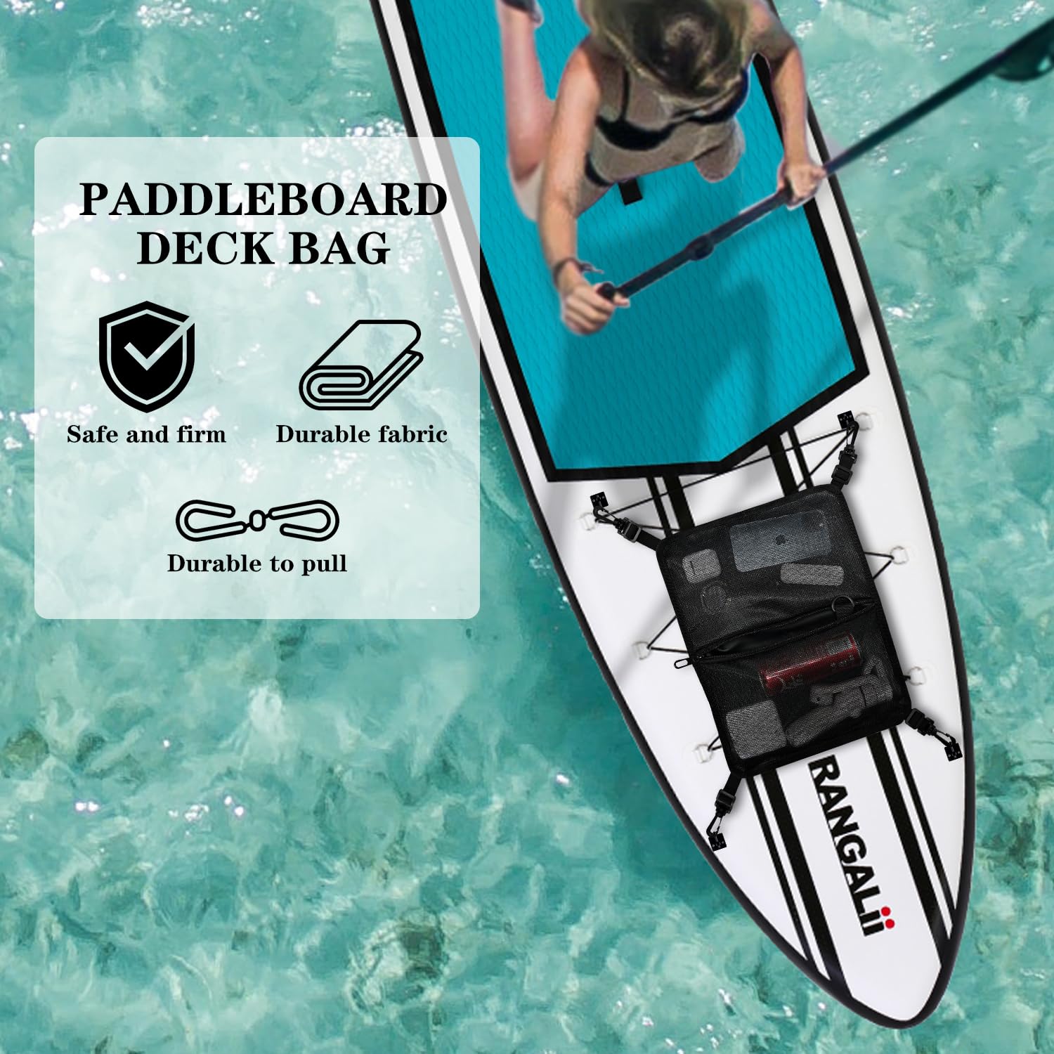 **Premium Paddleboard Deck Bag - Waterproof Mesh Storage Accessory with Durable Straps for SUP Gear | Perfect for Kayaking, Boating & Beach Trips**