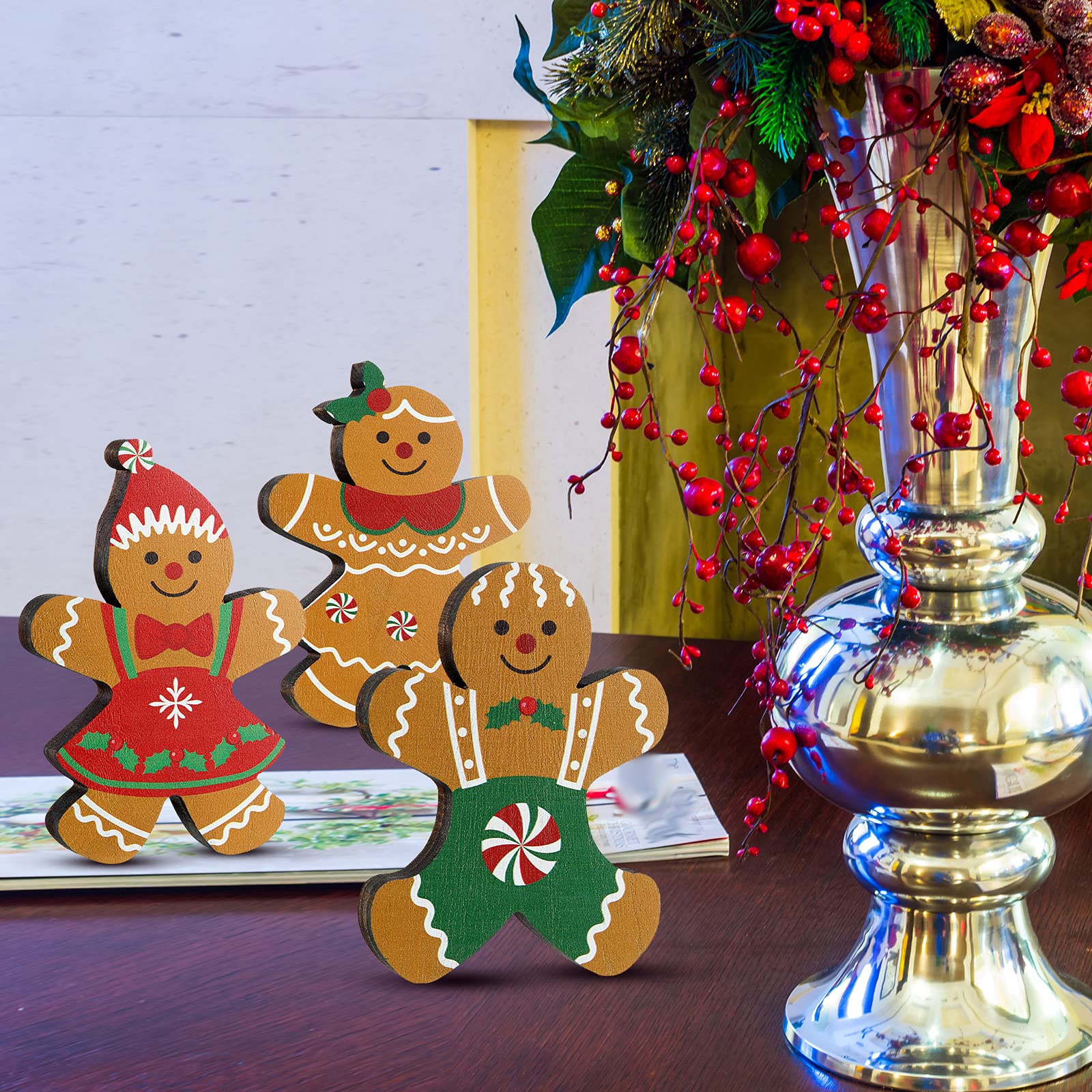 3 Pcs Christmas Wooden Table Decorations - Gingerbread Man Table Signs, African American Xmas Wooden Sign, Farmhouse Holiday Decor for Dining Table, Coffee Table, Mantel & Home (Yellow) - Perfect for Christmas Parties, Gift Exchanges & Festive Home Styling