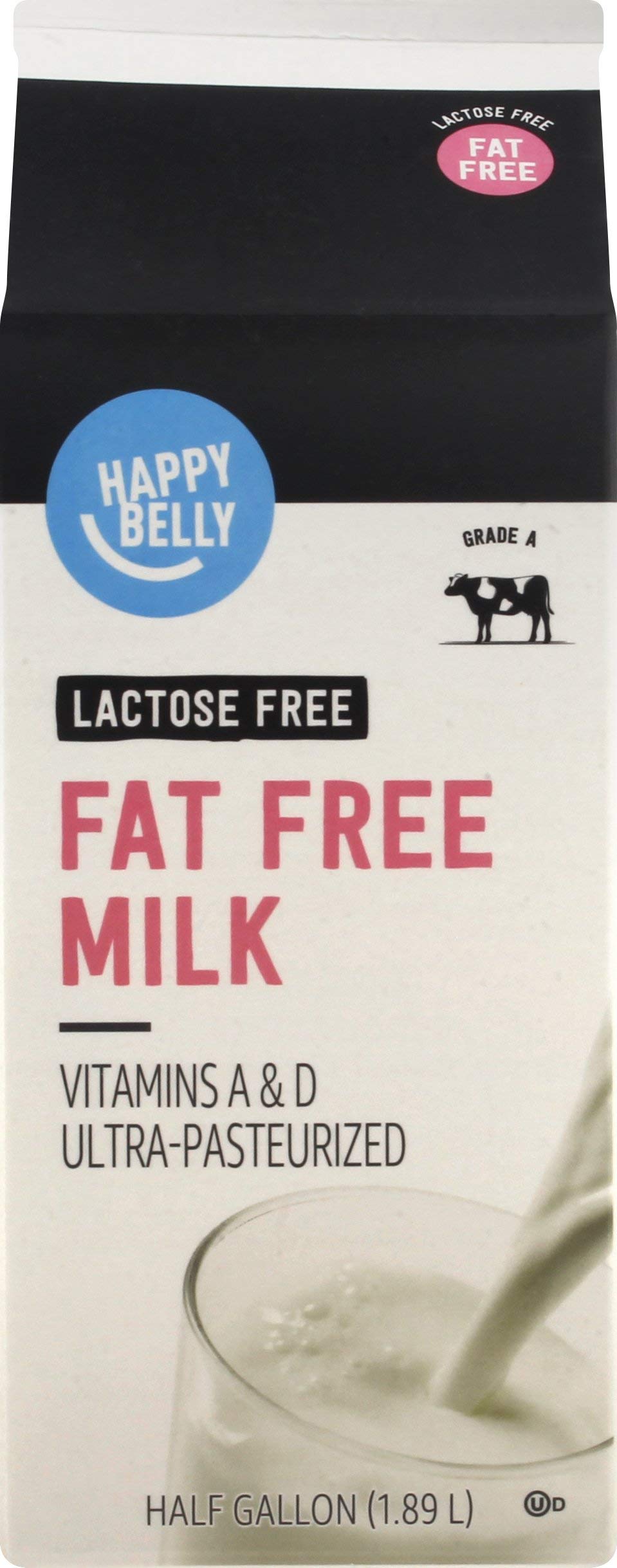 Happy Belly Fat Free Lactose Free Ultra Pasteurized Milk - Half Gallon (64 Fl Oz) | Kosher Certified | Perfect for Baking, Coffee & Smoothies