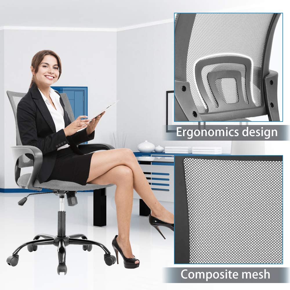 Ergonomic Office Chair with Lumbar Support - Adjustable Height Mesh Computer Desk Chair for Home & Office - Swivel Rolling Task Chair for Men & Women - Modern Executive Chair for Long Hours of Comfort (Grey) - Perfect for Work, Gaming & Study
