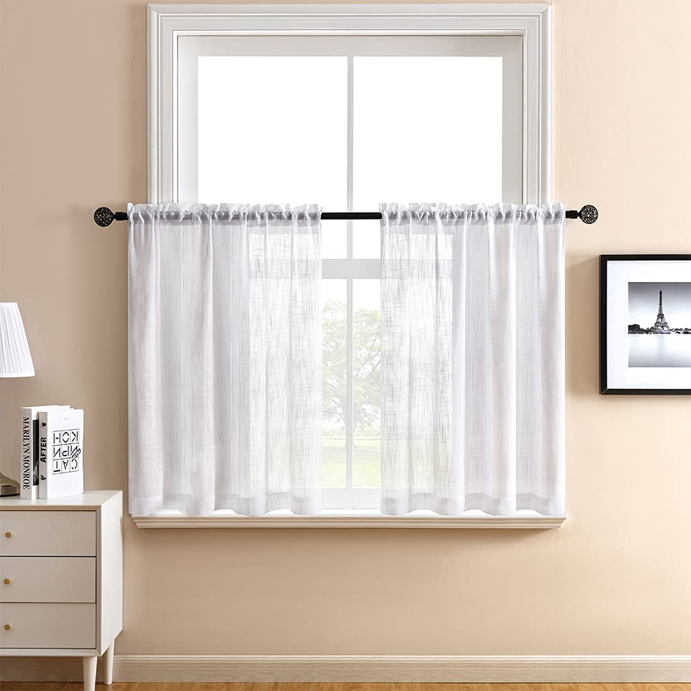 XTMYI White Kitchen Curtains 24 Inch - Set of 2 Linen Textured Semi-Sheer Panels, Boho Farmhouse Cafe Curtain Tiers for Small Windows - Perfect for Kitchen, Bathroom, Basement, RV & Camper Decor