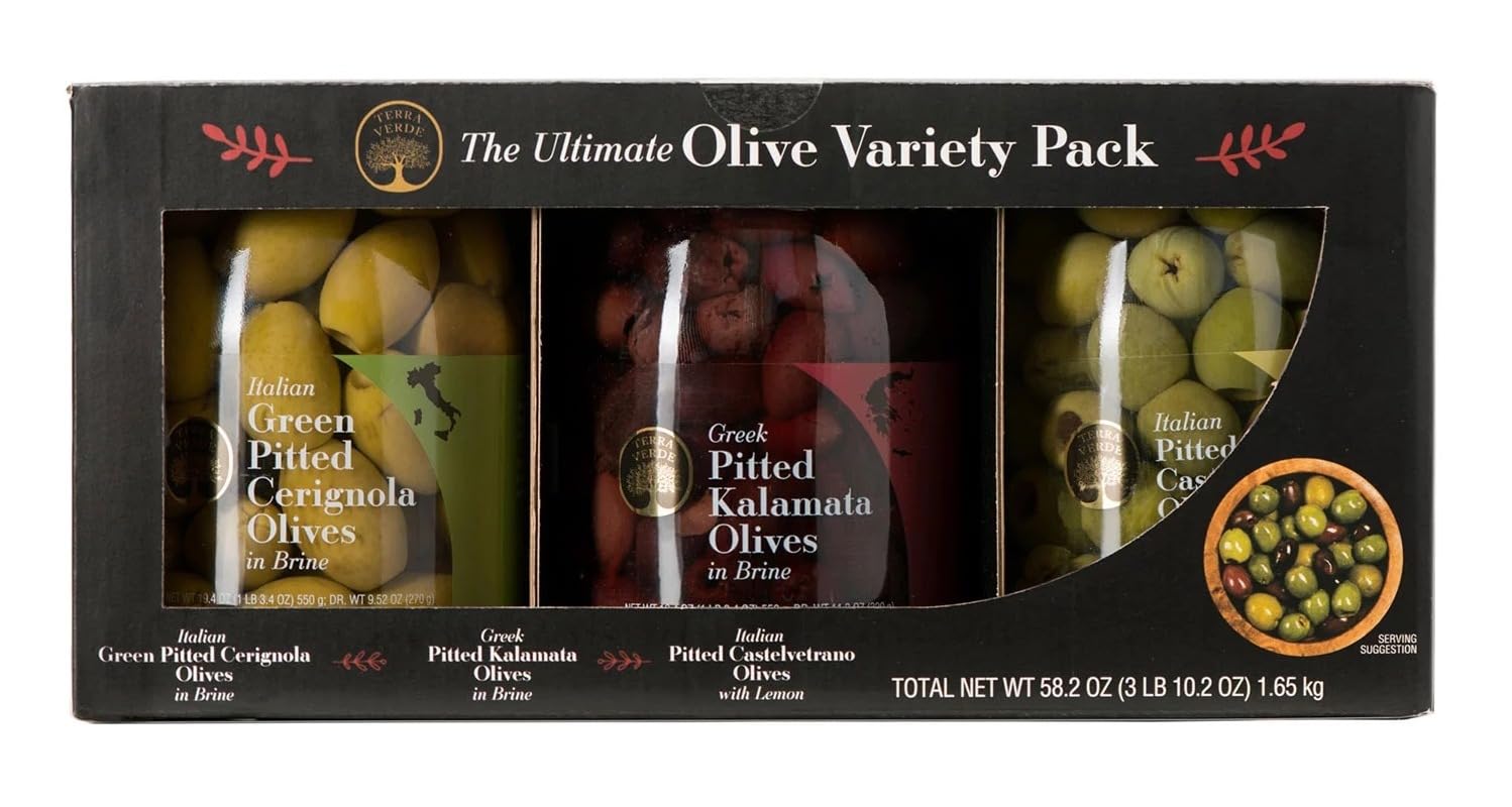 Terra Verde Premium Olive Variety Pack - 3 Types: Italian Pitted Cerignola, Greek Pitted Kalamata & Italian Castelvetrano Olives - 58.2 Oz (3Lb 10.2oz, 1.65 kg) - Perfect for Charcuterie Boards, Antipasto Platters & Gourmet Cooking