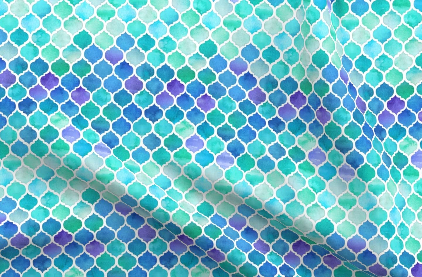 Blue Green Moroccan Pattern Tiles Watercolor Quatrefoil Mermaid Printed Minky Fabric Fat Quarter - Soft Plush Fabric for Sewing Baby Blankets, Quilt Backing & DIY Plush Toys - Perfect for Nursery Decor, Craft Projects & Home Textiles
