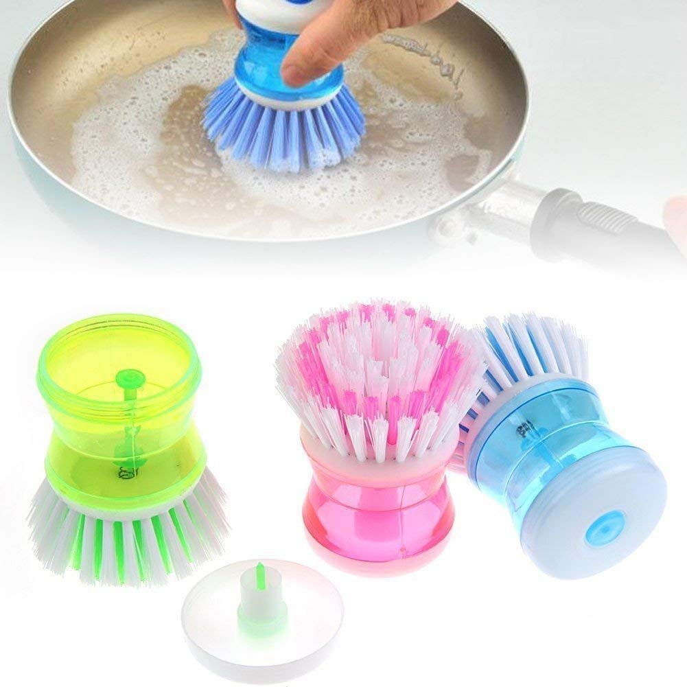 ServEzee Dish Cleaning Brush with Soap Dispenser - 4 Pack Kitchen Scrub Brushes for Pots, Pans & Utensils - Heavy Duty Plastic Dishwashing Brush for Sinks, Countertops & Household Cleaning