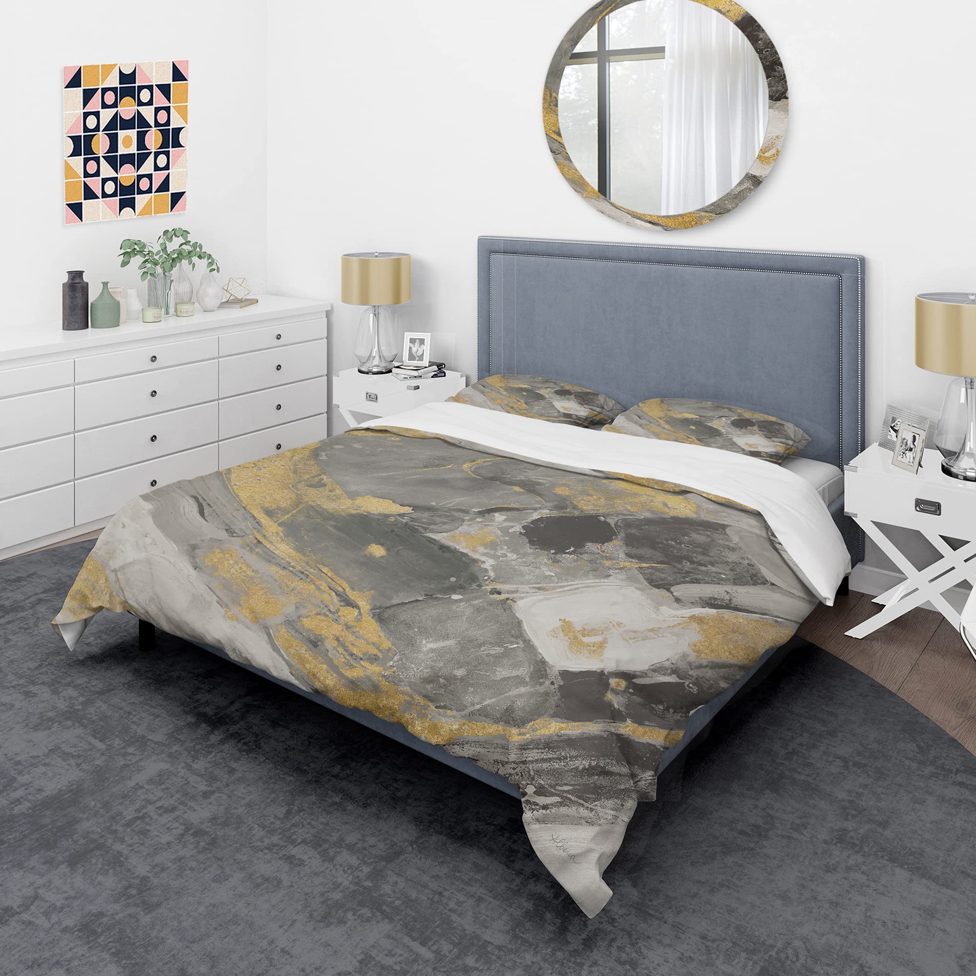 DesignQ Marble Gold & Black Modern Duvet Cover Set Queen - 3 Piece Abstract Bedding Set for All Seasons | Luxury Contemporary Bedroom Decor for Master Bedroom & Guest Room