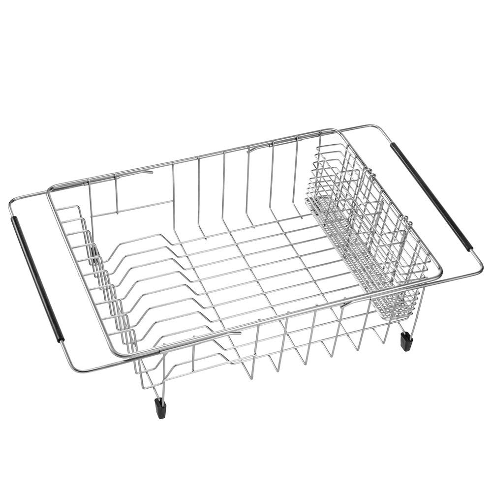 SANNO Expandable Stainless Steel Dish Drying Rack - Large In-Sink & Countertop Dish Drainer with 4-Section Utensil Holder | Rustproof Kitchen Organizer for Small Spaces | Perfect for Apartments, RVs & Compact Kitchens