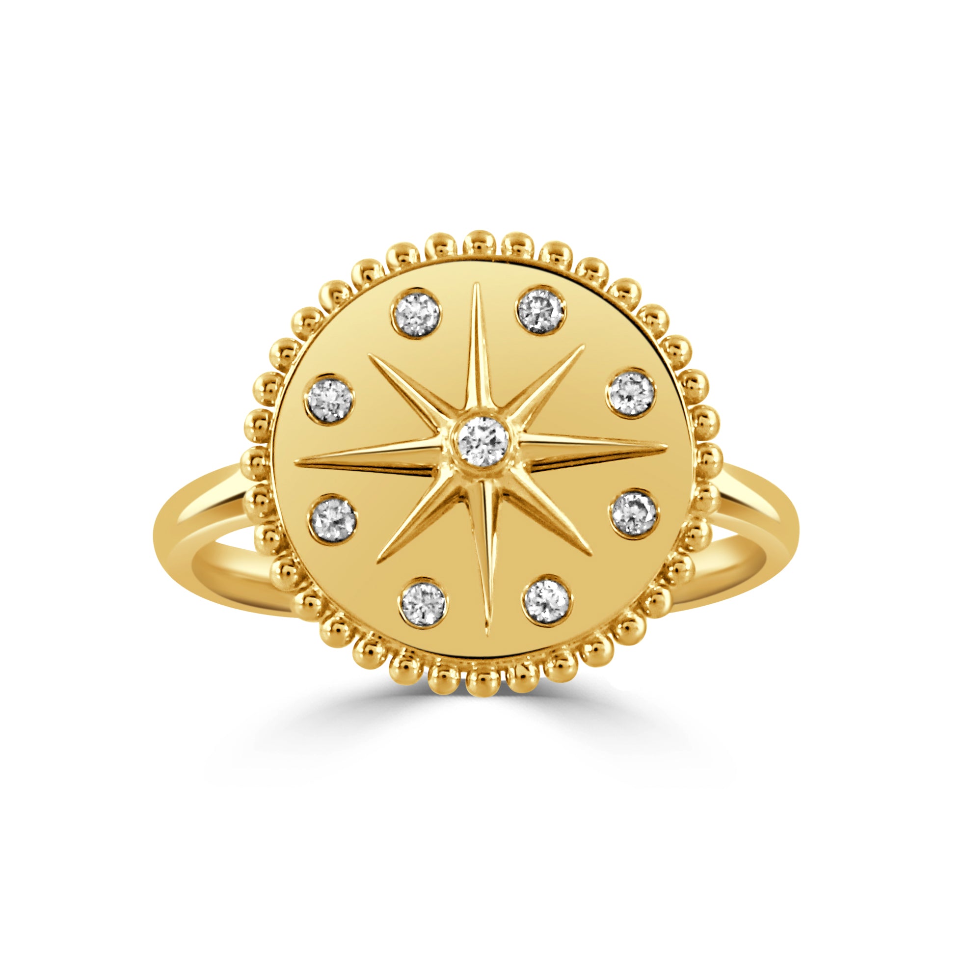 18K Yellow Gold Diamond Starburst Beaded Disc Ring for Women - Elegant Stackable Statement Jewelry for Parties, Weddings & Special Occasions