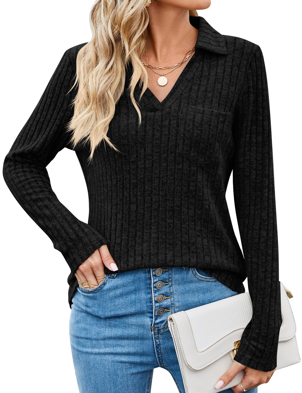 Gemulate Women's Plus Size Long Sleeve V-Neck Ribbed Jumper Sweatshirt - Lightweight & Comfortable Tops for Casual Wear (Sizes S-XXL) | Perfect for Office, Lounge & Fall Layering