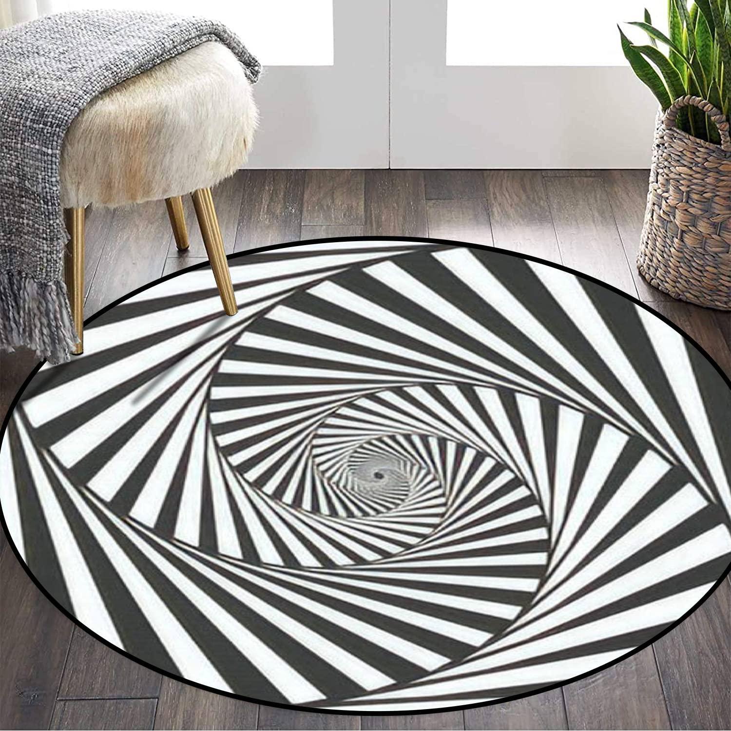 Optical Illusion Spiral Round Area Rug 3 Ft - Black & White Striped Modern Soft Carpet Non-Slip Kids Room Decor for Girls & Boys - Perfect for Living Room, Bedroom, Office, Dorm, and Playroom
