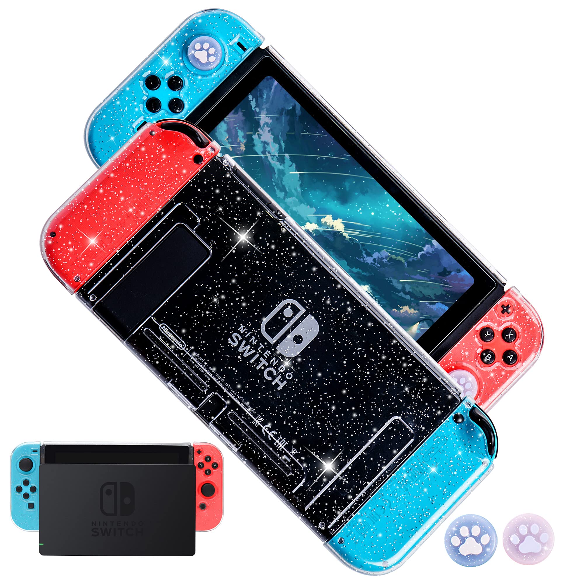 FANPL Glitter Clear Case for Nintendo Switch - TPU Silicone Soft Shell Dockable Protective Cover for Switch Console & Joy-Con Controllers with 2 Bling Thumb Grips (Transparent) - Perfect for Gaming Protection & Style Enhancement