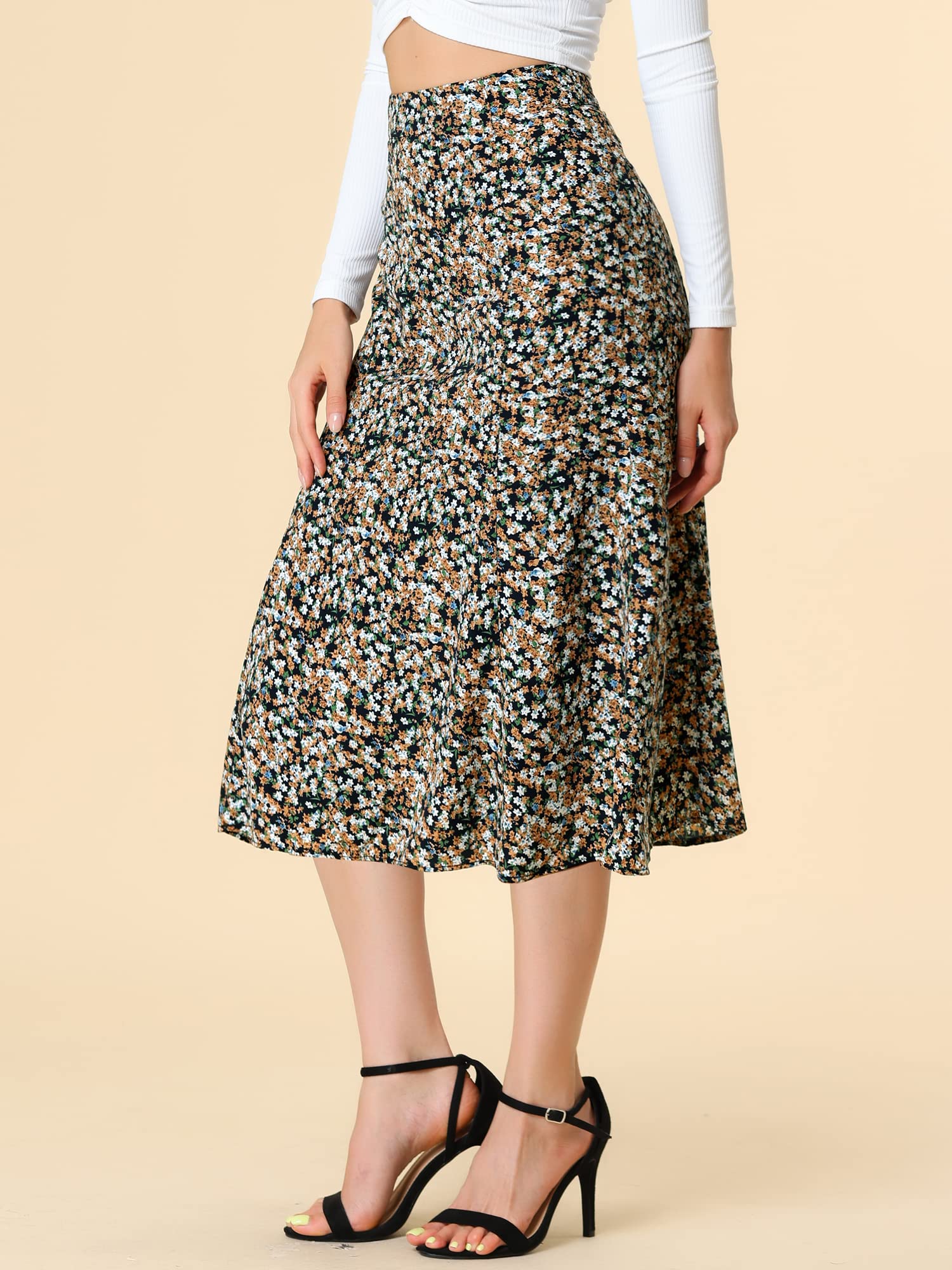 Allegra K Women's Floral Midi Skirt - Peasant Style Elastic Waist A-Line Skirt with Ditsy Leaf Print | Perfect for Spring, Summer, Boho Outfits & Casual Occasions