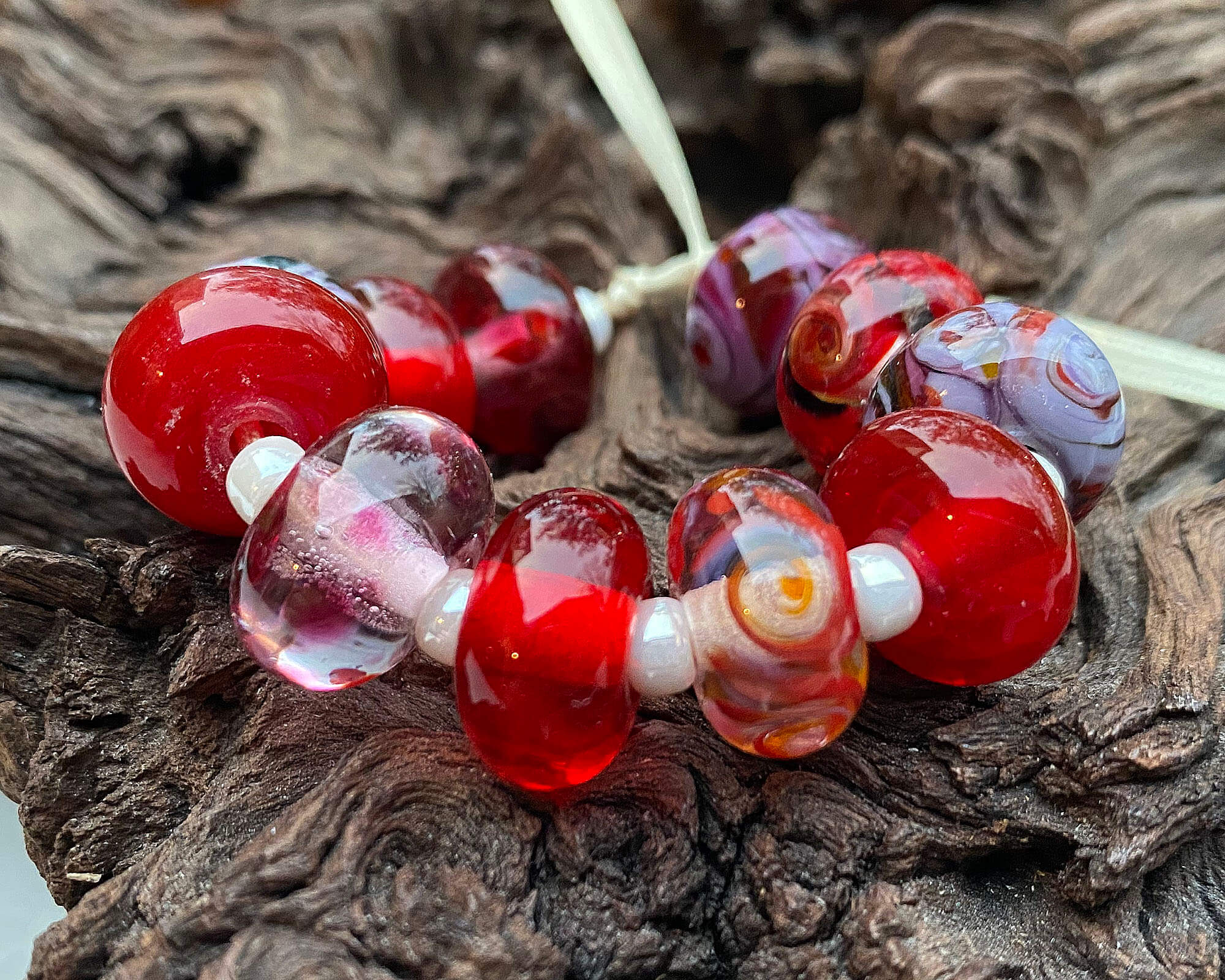 11 Handmade Red Swirl Lampwork Glass Beads Set - SRA Certified - Perfect for Jewelry Making, DIY Crafts & Beading Projects