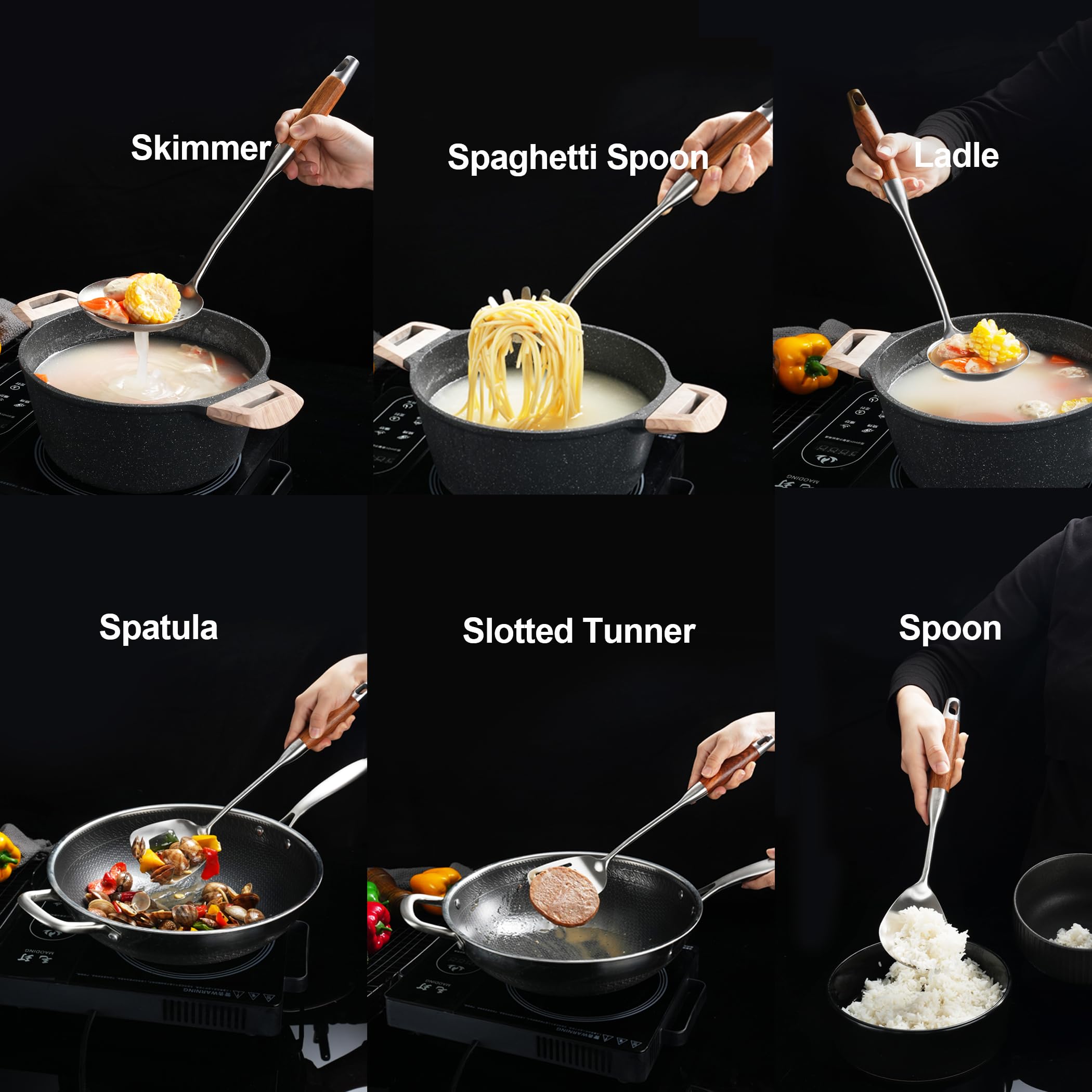 Premium 6-Piece Stainless Steel Kitchen Utensil Set with Wooden Handle - Wok Spatula, Ladle, Skimmer, Slotted Turner, Spaghetti Spoon & Large Spoon for Cooking, Frying & Serving - Ideal for Home Chefs & Restaurant Use