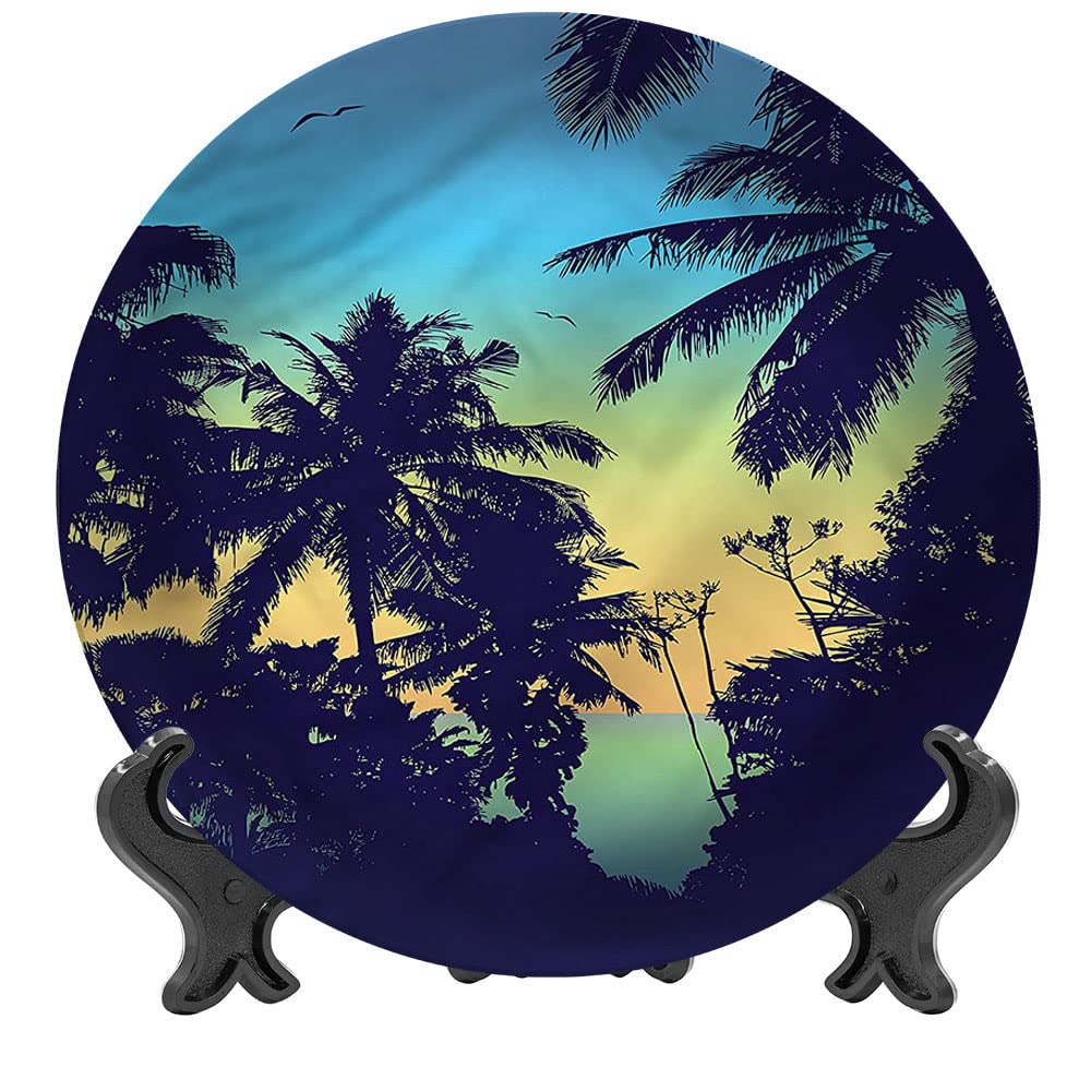 XISUNYA 6 Inch Tropical Sunset Palm Tree Ceramic Decorative Plate - Round Porcelain Dinnerware for Dining, Parties, Wedding Decor - Perfect for Beach Themed Events, Home Decor & Gift Giving