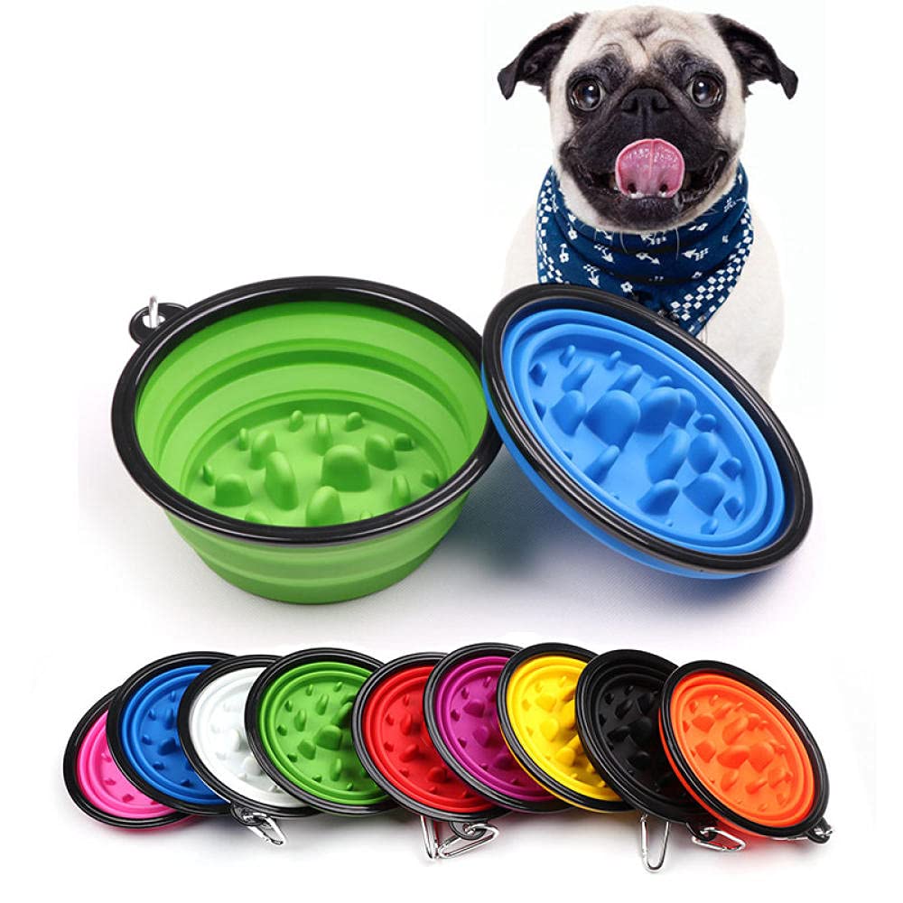 Foldable Slow Feeder Pet Bowls - 2 Pack Portable Travel Dog & Cat Water Food Dishes - Anti-Bloat L Size Orange Bowls for Puppy Feeding at Home or Outdoor Adventures
