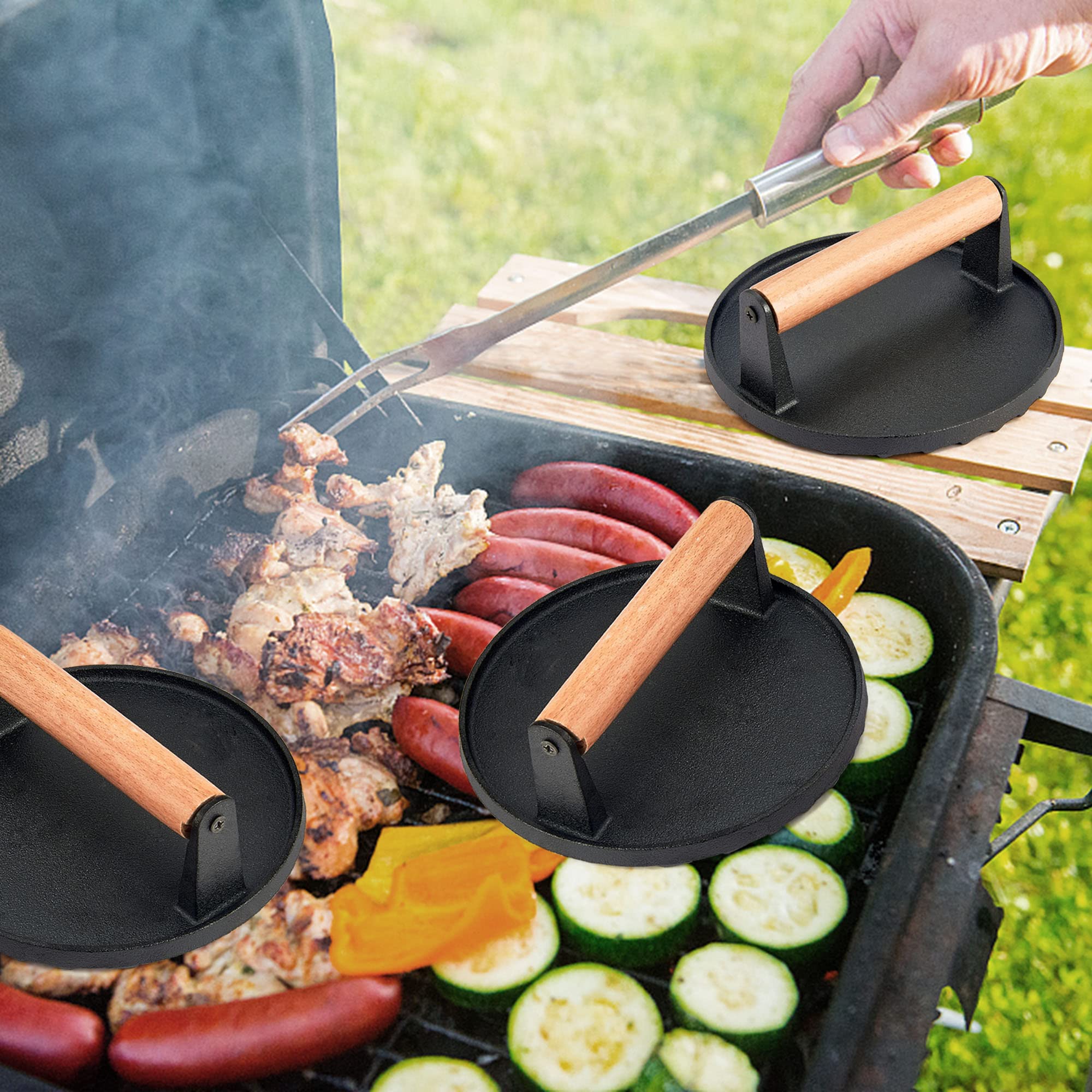 Leonyo 3-Piece Grill Press Set - 7 Inch Round Heavy Duty Cast Iron Burger Press with Ergonomic Wood Handle - Perfect for Smash Burgers, Griddle Cooking, Hamburgers, Steaks, Patties & Panini - Ideal for BBQ, Stovetop & Outdoor Grilling - Nonstick & Durable for Professional & Home Use