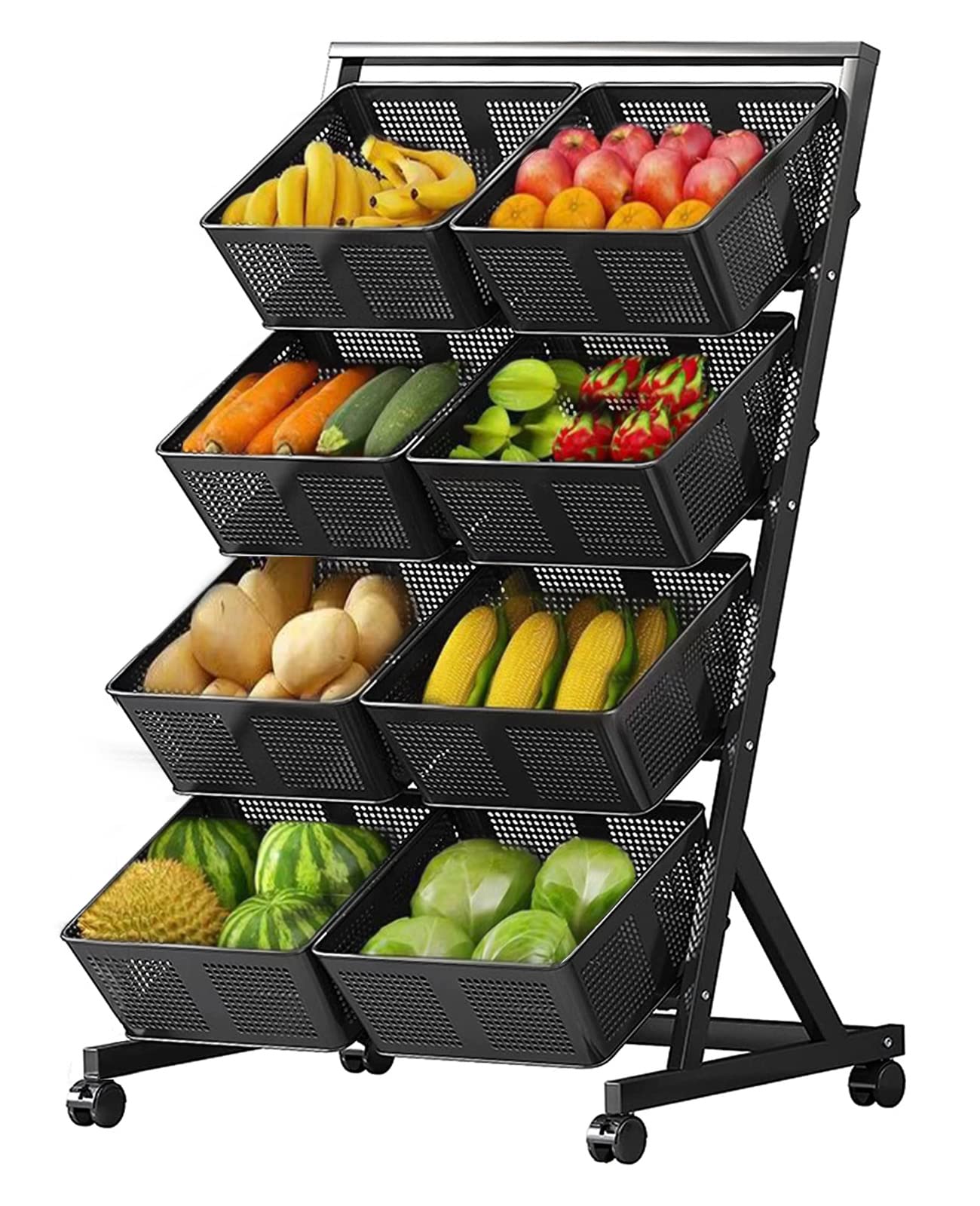 4-Tier Rolling Metal Storage Cart with Wheels - Black Kitchen Organizer for Snacks, Fruits, Vegetables | Portable Pantry Storage Basket for Home, Office, Dorm & RV Use