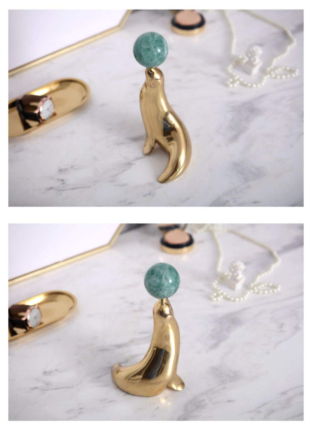Gold & Copper Sea Lion Playing with Green Jade Ball Sculpture - Elegant Home Decor, Marine Life Collectible, Unique Wedding Gift for Couples | Perfect for Living Room, Office, or Beach-Themed Party Decorations
