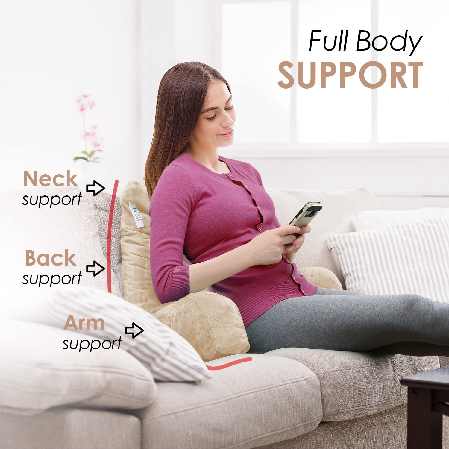 Nestl Reading Pillow with Shredded Memory Foam - Standard Bed & Back Support Pillow for Sitting in Bed, Reading, or Relaxing - Beige Cream Chair Pillow with Pockets - Perfect for Bed Rest, Arm Support & Cozy Reading Sessions