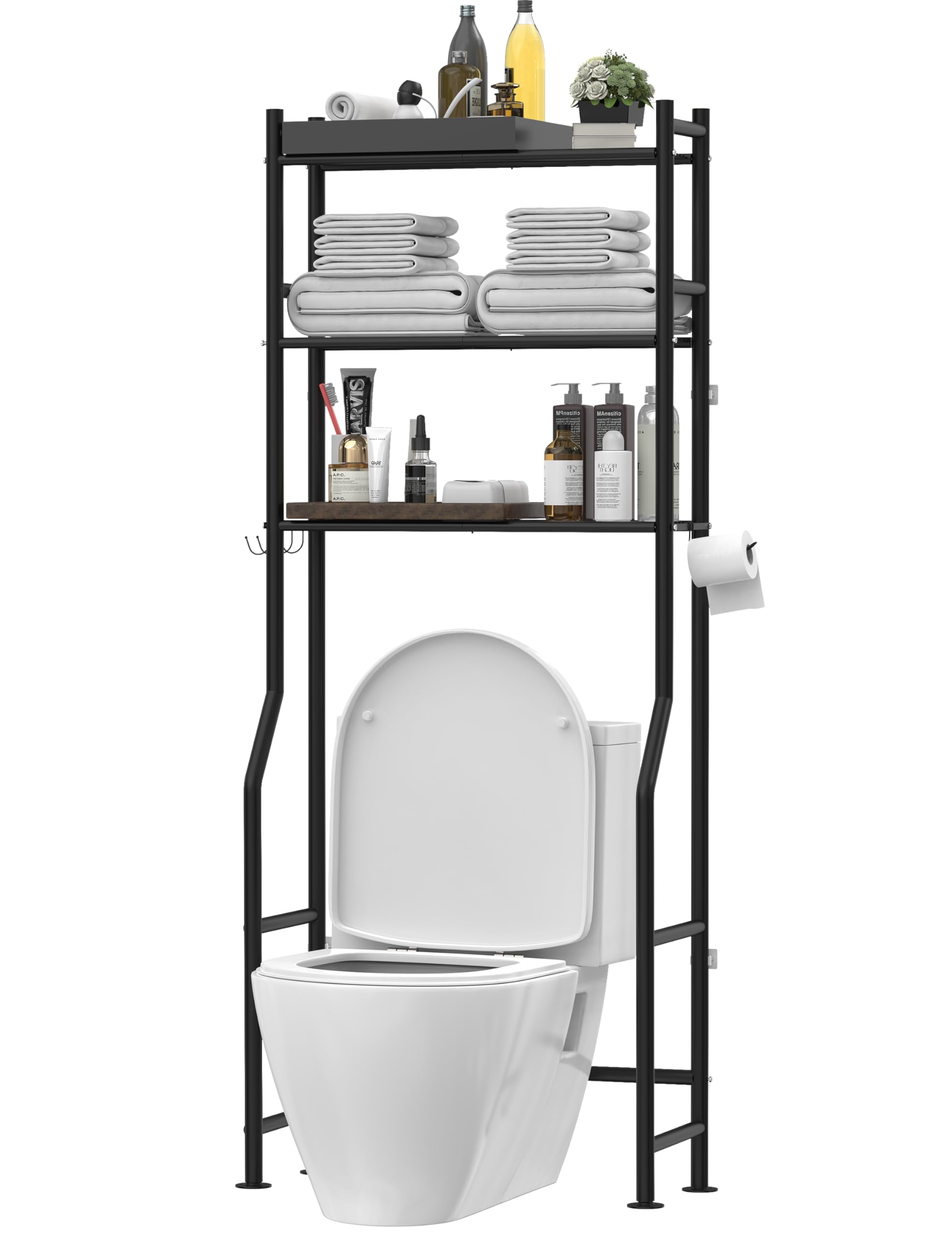 3-Tier Over The Toilet Storage Shelf - Freestanding Metal Bathroom Organizer with 4 Hooks & Paper Holder, Space-Saving Above Toilet Shelf for Towels, Toiletries & Bathroom Essentials - Perfect for Small Bathrooms & Apartments (Black)