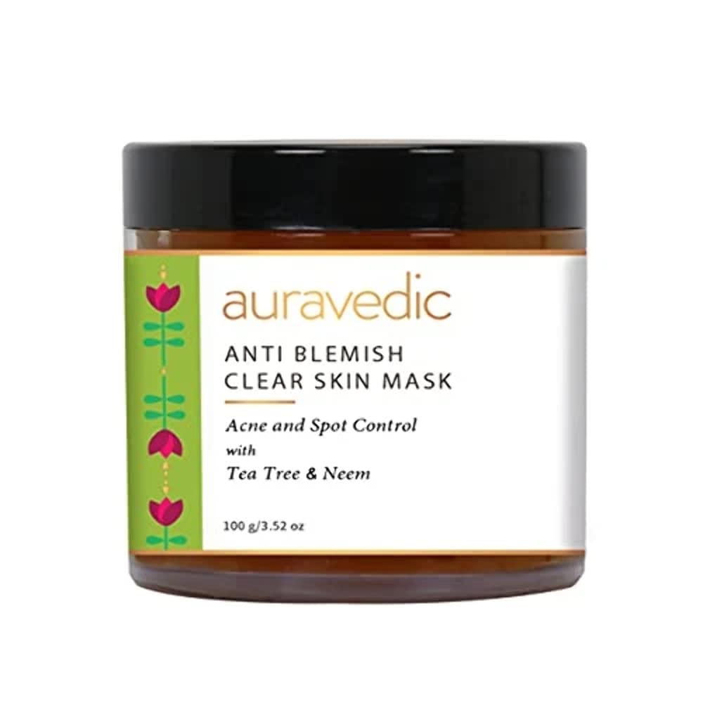 Auravedic Anti-Blemish Face Mask with Tea Tree & Neem Oil | Anti-Acne & Detan Face Pack for Pimples & Glowing Skin | Paraben-Free – 100gm | Natural Skincare for Oily & Acne-Prone Skin | Perfect for Daily Use & Spa Nights