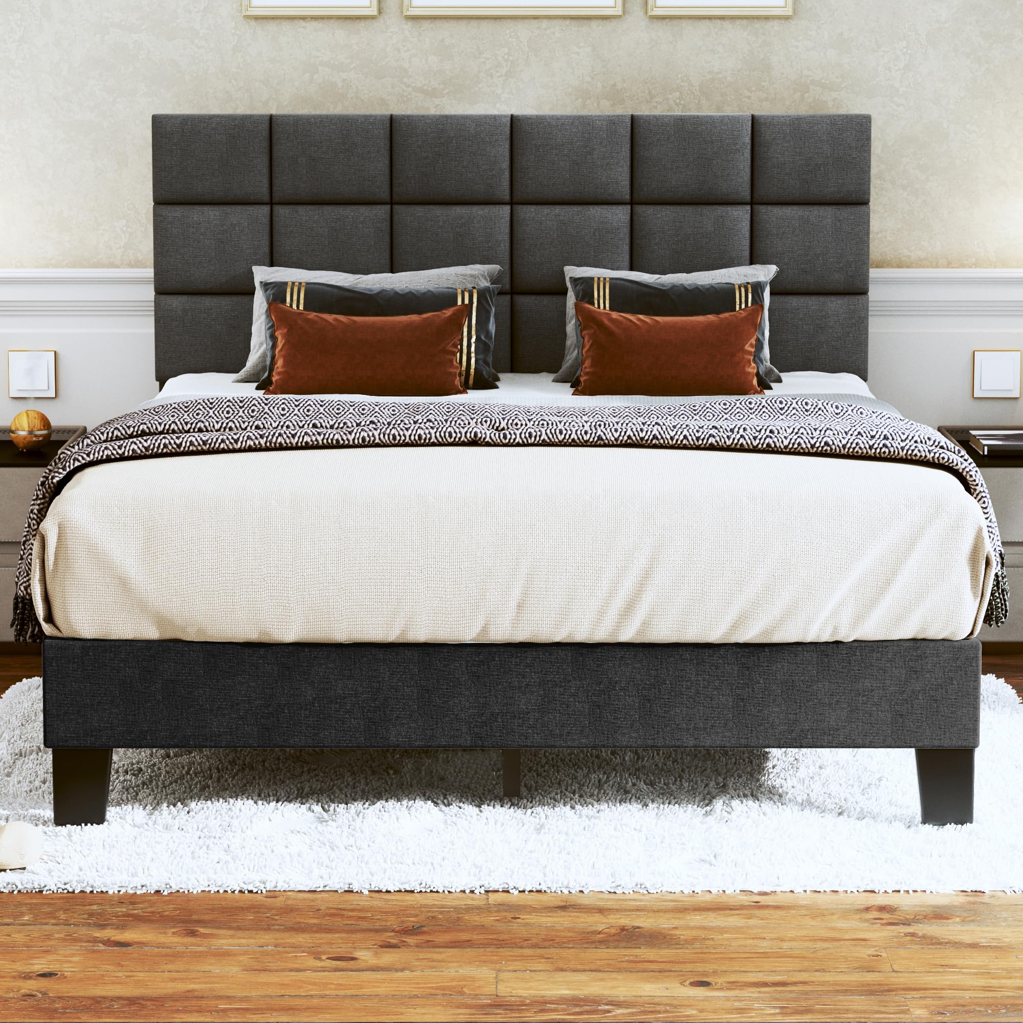 Queen Size Upholstered Platform Bed Frame with Adjustable Headboard - Linen Fabric, Tufted Design & Wooden Slats Support - No Box Spring Needed - Easy Assembly Mattress Foundation in Dark Grey - Perfect for Modern Bedrooms & Guest Rooms