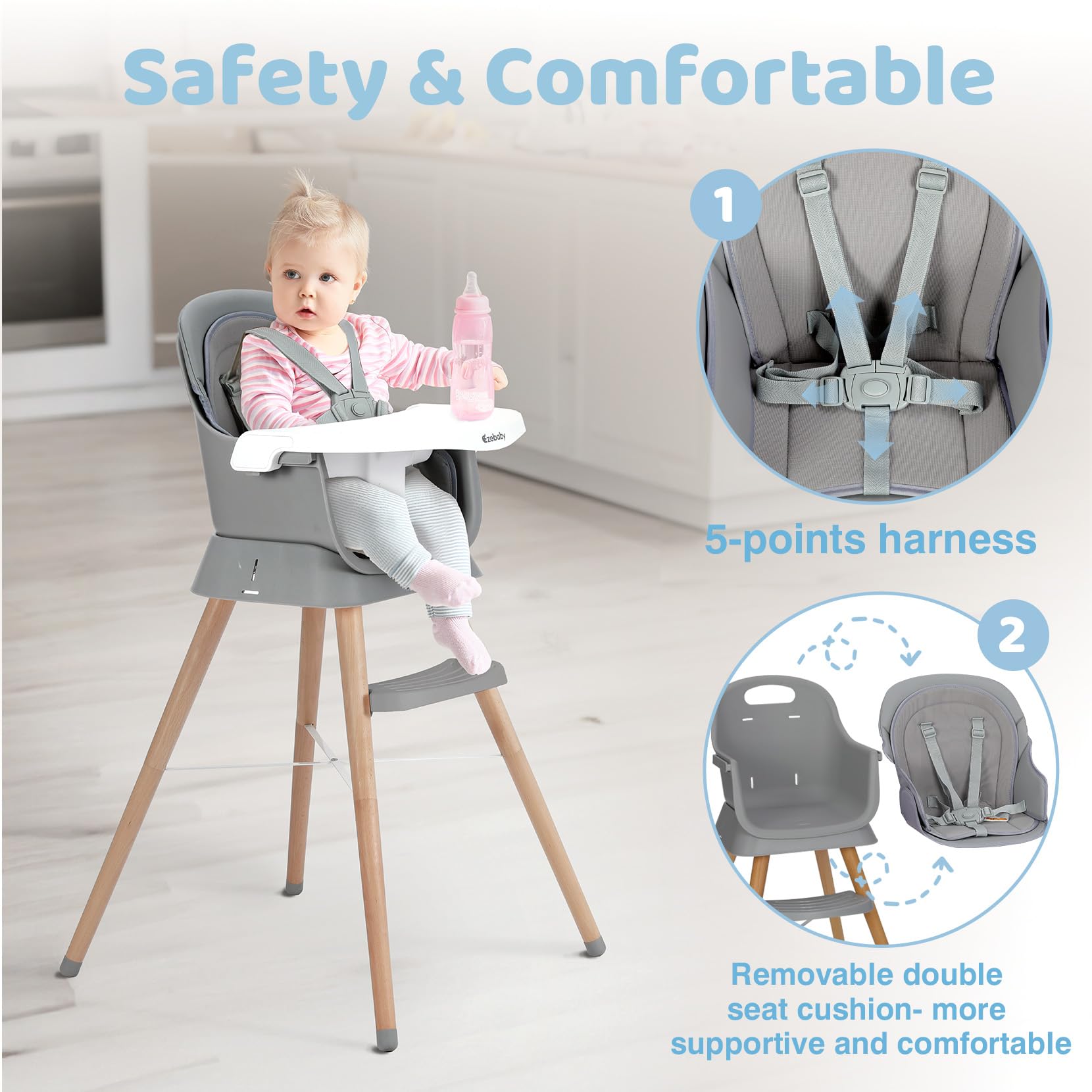 Ezebaby 6-in-1 Portable Baby High Chair with Adjustable Legs & Double Cushions - Convertible Toddler Booster Seat for Dining Table | Perfect for Home, Travel & Restaurant Use (Grey)