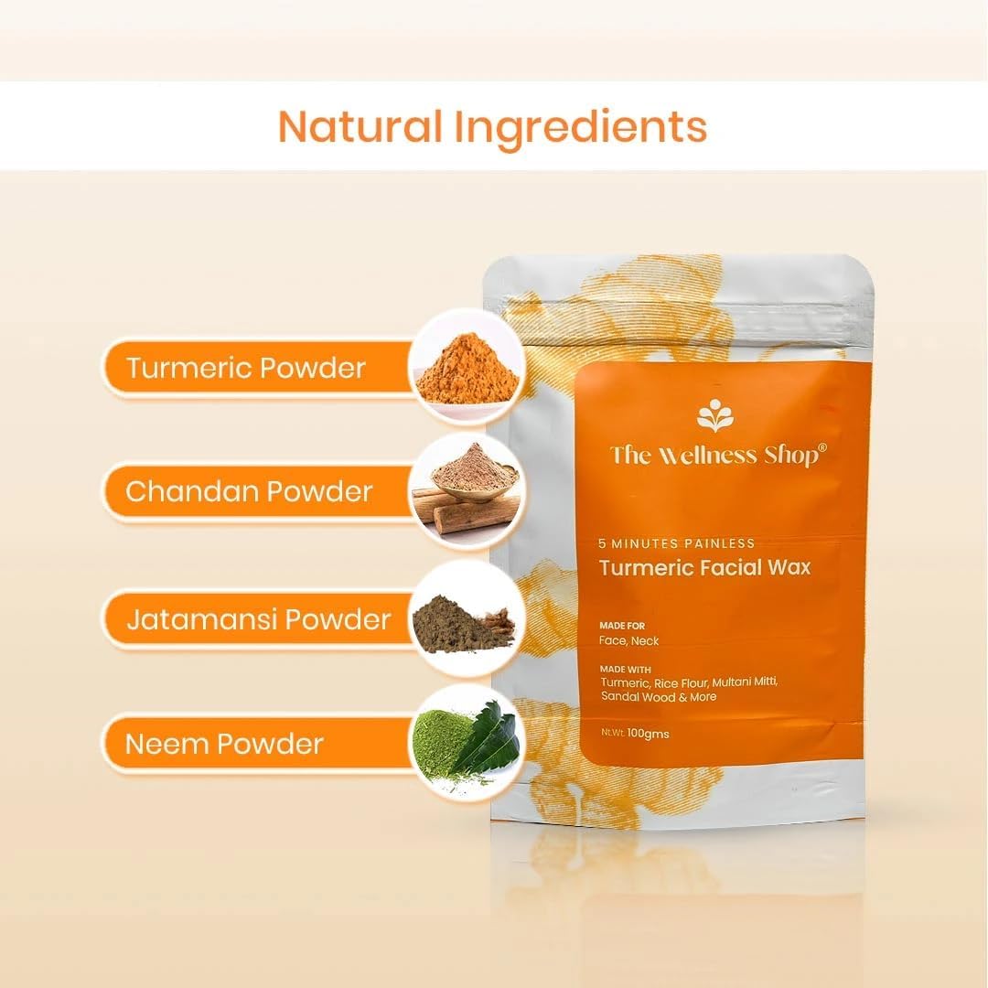 Turmeric Facial Wax Powder - 100g Natural Painless Hair Removal Wax for Face & Body, Quick 5-Minute At-Home Waxing Kit, Hypoallergenic & No Skin Irritation - Perfect for DIY Beauty & Smooth Skin Care