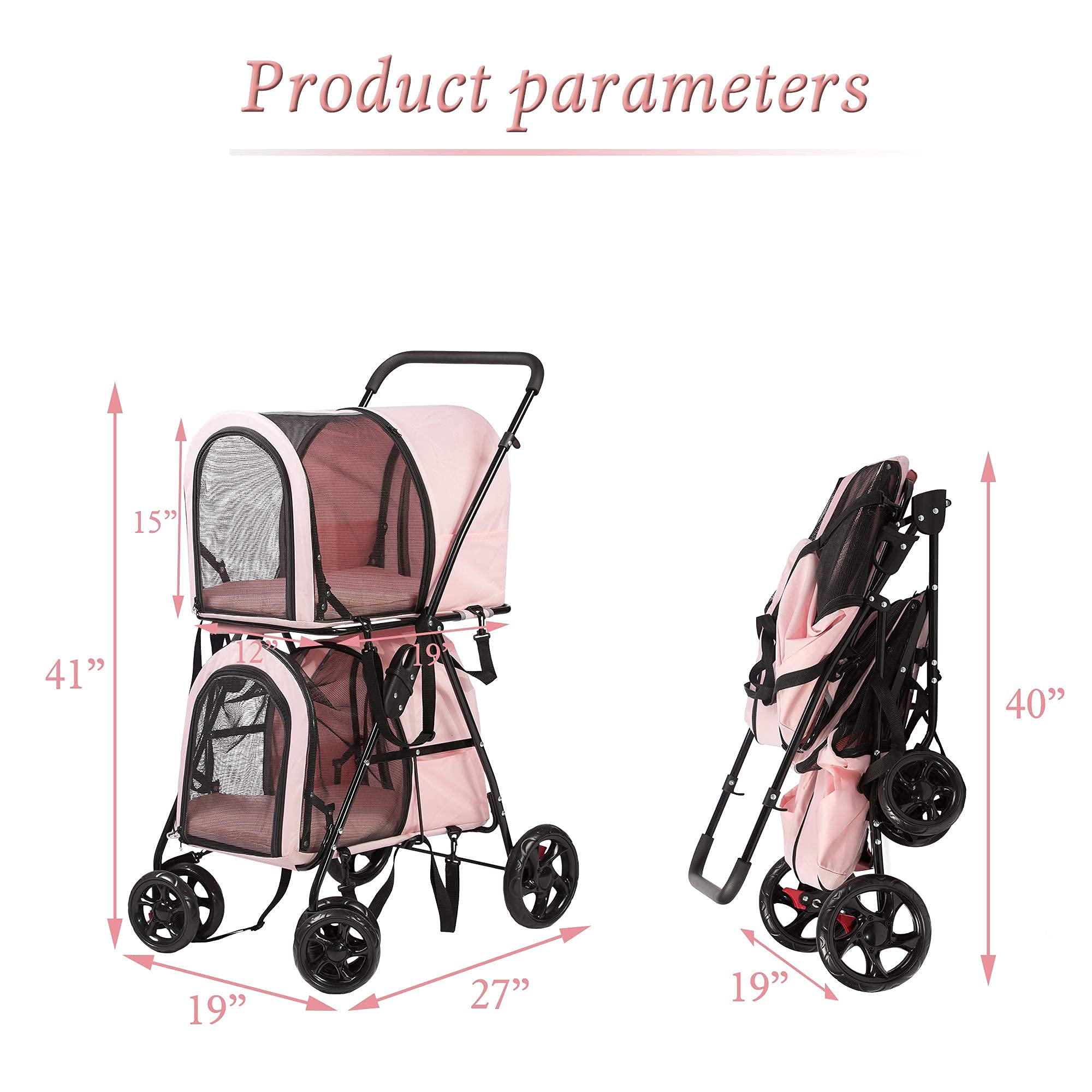 3-in-1 Double Pet Stroller - Foldable Dog & Cat Carrier for 2 Small Pets, Travel Cart for Puppies & Kittens (Pink) - Perfect for Park Walks, Vet Visits & Outdoor Adventures