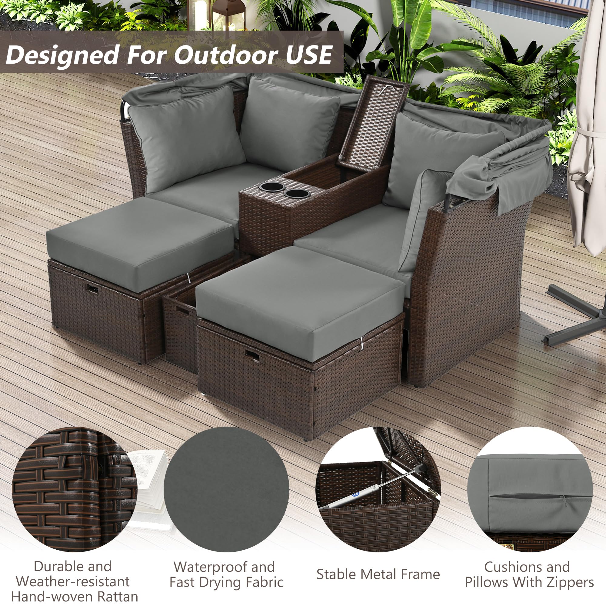 P PURLOVE Outdoor Loveseat Chaise Lounge with Canopy - 2-Seater Patio Double Daybed with Foldable Awning & Cushions - Water-Resistant Grey Outdoor Sofa Set for Garden, Backyard, Poolside & Patio Relaxation