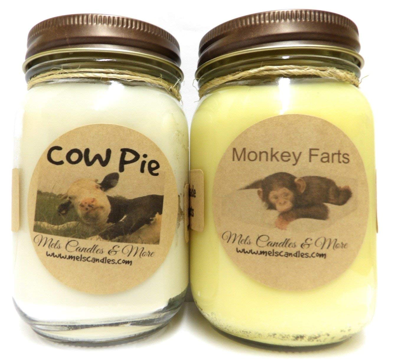 Combo Monkey Farts & Cow Pie Scented Soy Candles - Set of Two 16oz Country Jars, All Natural Handmade Candles for Home Decor, Relaxation & Aromatherapy