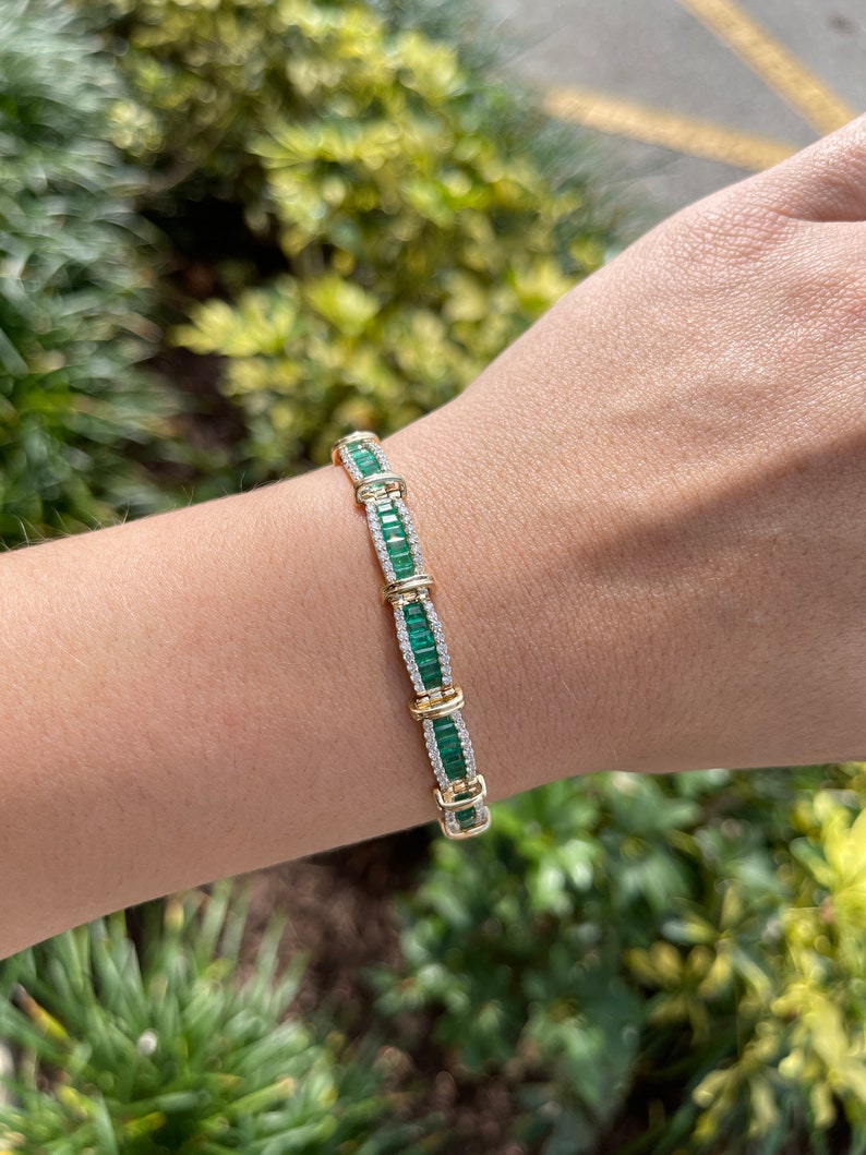 9.12tcw 14K Gold Natural Dark Green Emerald & Diamond Accent Bracelet - Luxury Jewelry for Women, Perfect for Parties, Weddings & Special Occasions