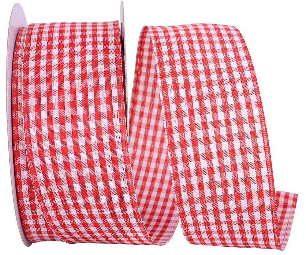 Premium Wire-Edged Gingham Ribbon - Red and White Checked Decorative Ribbon (2.5