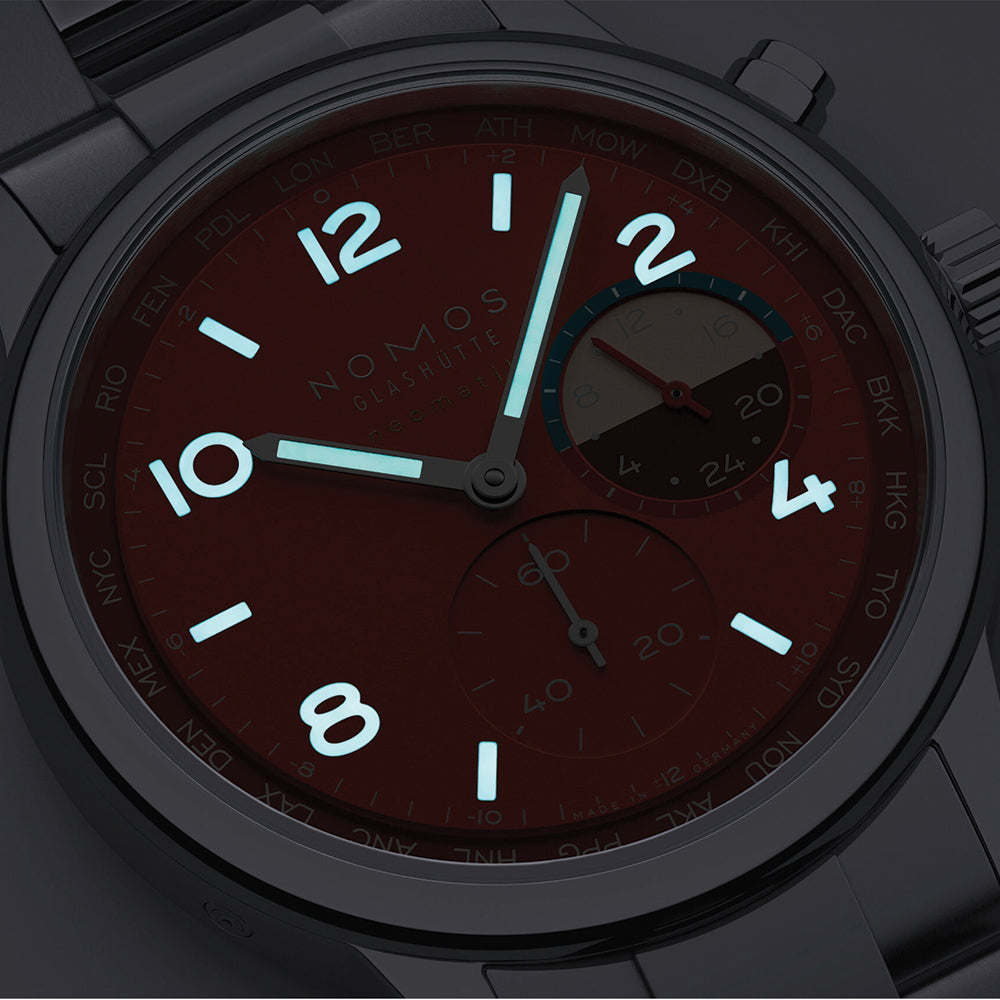 NOMOS Club Sport Neomatik Worldtimer Limited Edition 40mm Watch with Magma Dial & Stainless Steel Bracelet - Perfect for Travelers and Luxury Watch Collectors