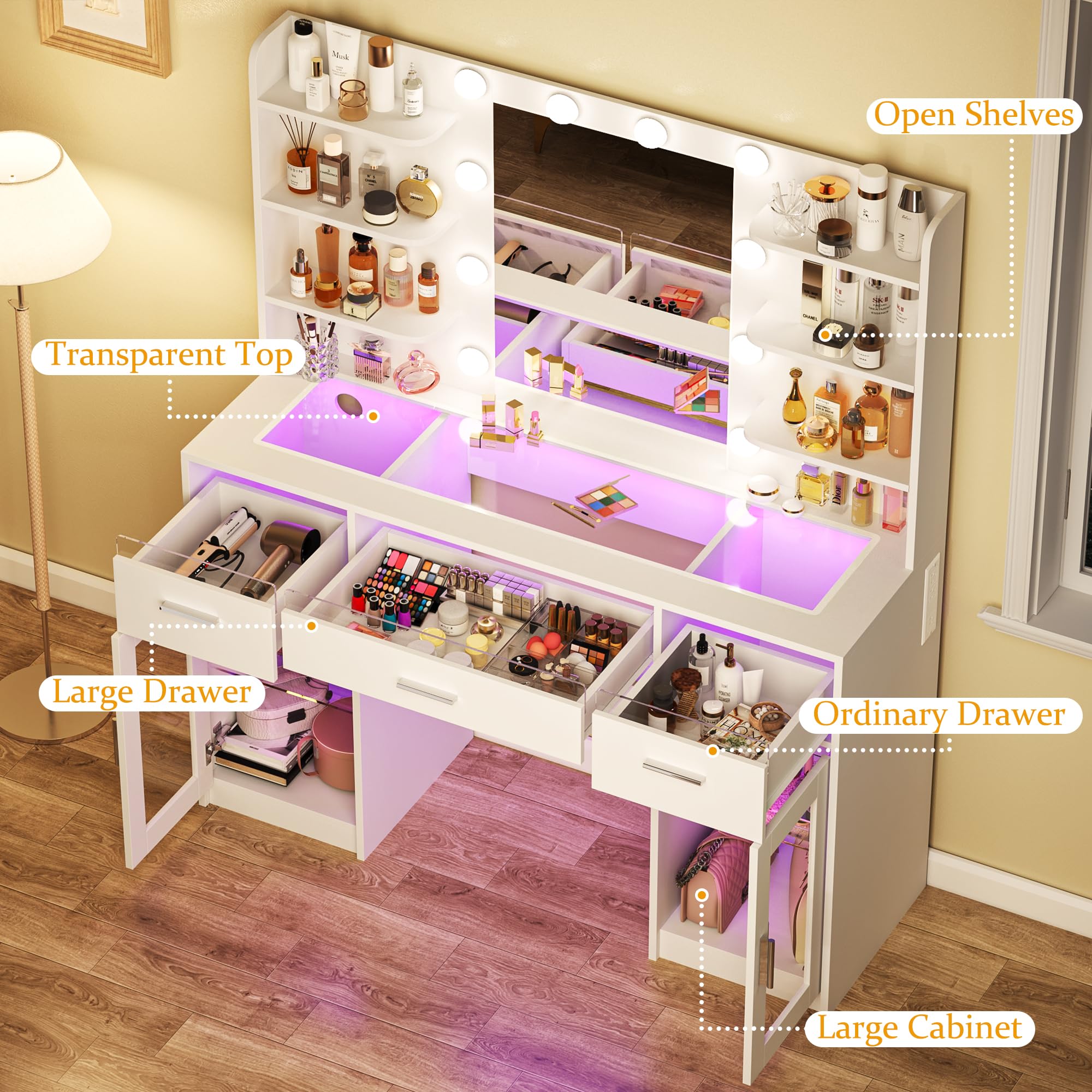 HUAHUUU Vanity Desk with Mirror & LED Lights - White Makeup Dressing Table, 3-Color RGB Drawers, Transparent Top, 6 Shelves, 2 Tempered Glass Cabinets, Built-in Power Outlet - Perfect for Bedroom, Dorm Room & Beauty Salon Makeup Station