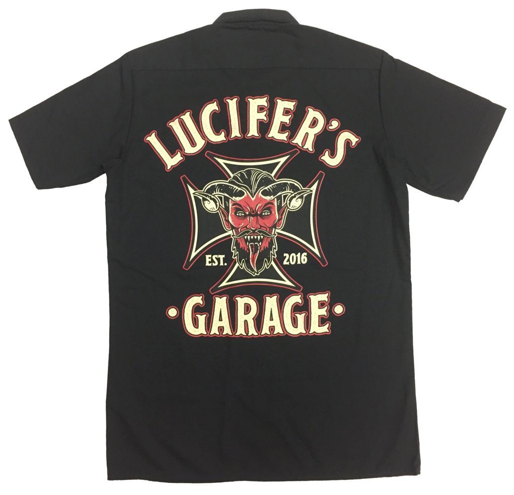 Lucifer's Garage Iron Cross Work Shirt - Durable Men's Button-Up Shirt for Mechanics, Carpenters & DIY Enthusiasts | Perfect for Workshops, Construction Sites & Outdoor Work