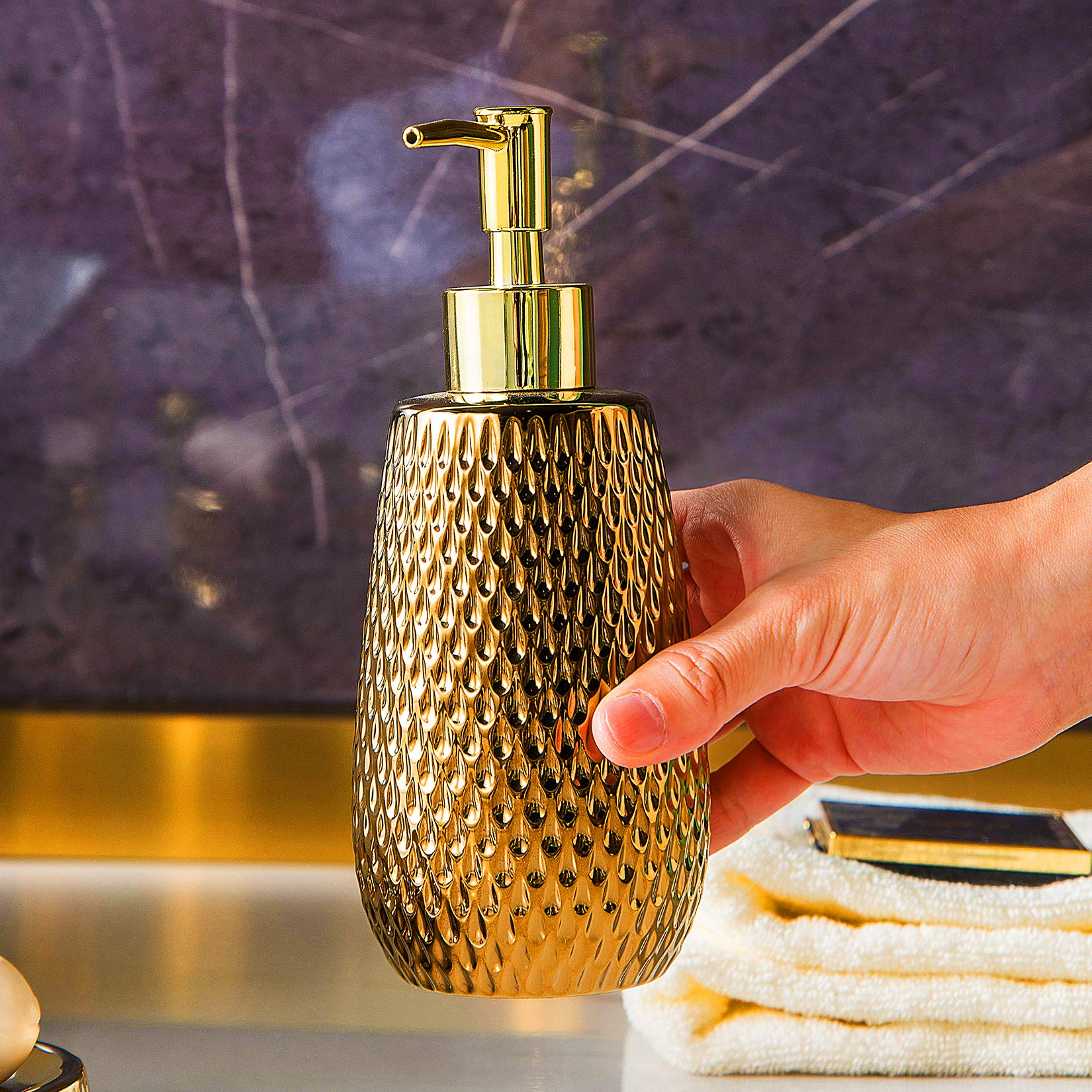 Premium 4-Piece Ceramic Bathroom Accessory Set - Gold Raindrop Design Toothbrush Holder, Soap Dispenser, Tumbler & Dish for Modern Bathroom Decor | Elegant Vanity Essentials for Home, Hotel & Spa Use