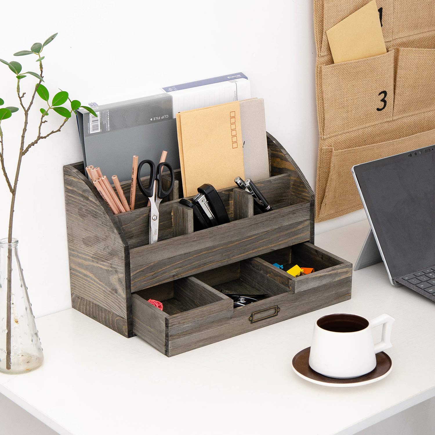 Distressed Rustic Wooden Office Desk Organizer - 5 Compartments with 2 Drawers, Counter Desk Tabletop Desktop Mail Rack for Pens, Notebooks, Folders, Pencils & Office Supplies (Rock Grey) - Perfect for Home Office, Workspace Organization & Small Business Storage