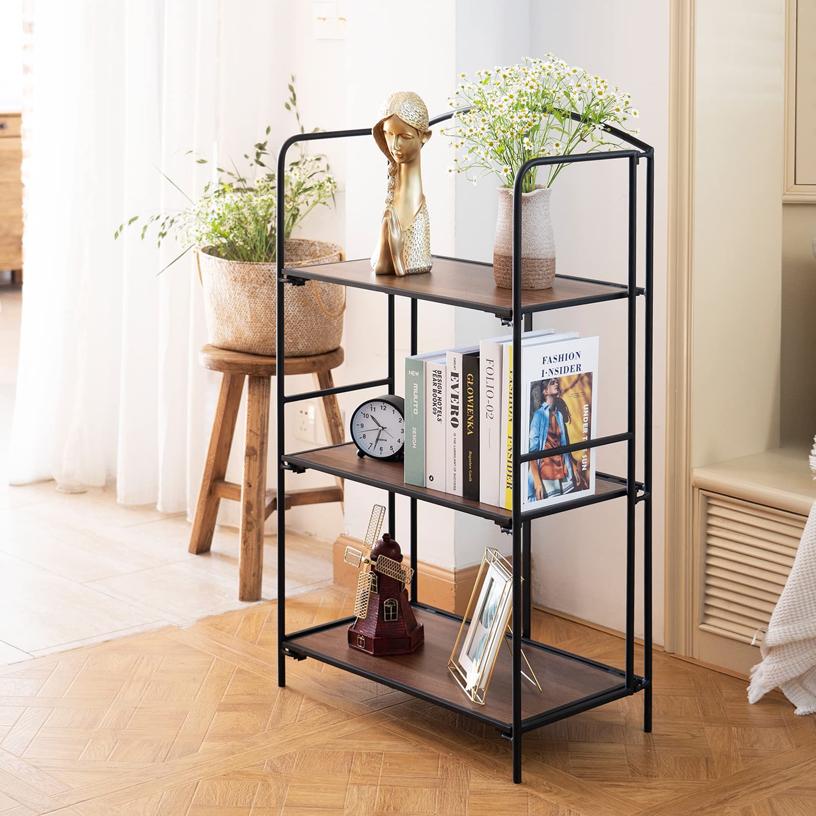 Crofy No Assembly Folding Bookshelf - 3 Tier Black Collapsible Bookcase for Living Room, Home Office & Bedroom | Portable Storage Organizer for Books, Magazines & Decor | Space Saving Solution for Small Spaces