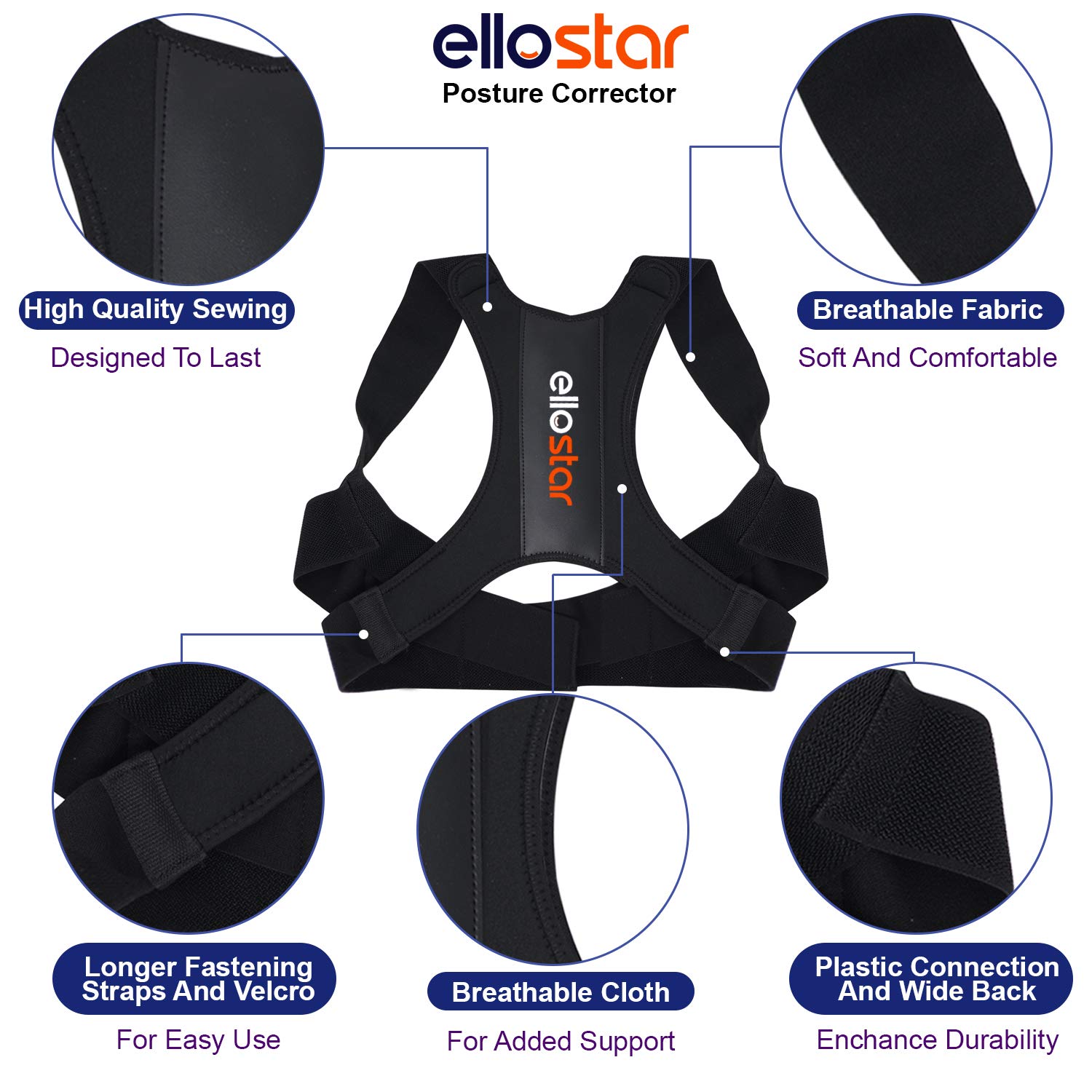 Ellostar Back Brace Posture Corrector for Women & Men - Adjustable Lumbar Support, Shoulder & Back Pain Relief - Medium (27-33 Inch) - Ideal for Office Work, Driving & Daily Posture Improvement