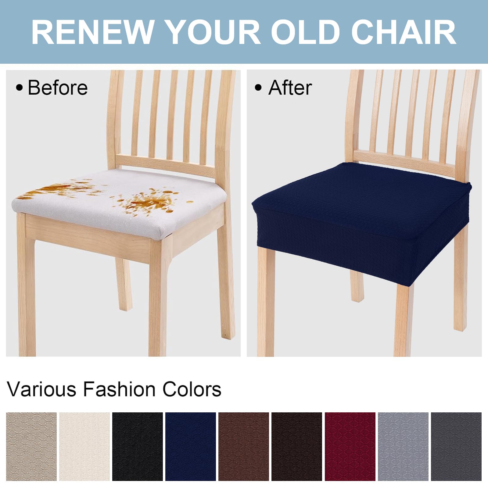 Smiry Stretch Jacquard Dining Room Chair Seat Covers - Set of 6 Washable Slipcovers, Removable Chair Protectors in Federal Blue | Perfect for Home, Office & Restaurant Use