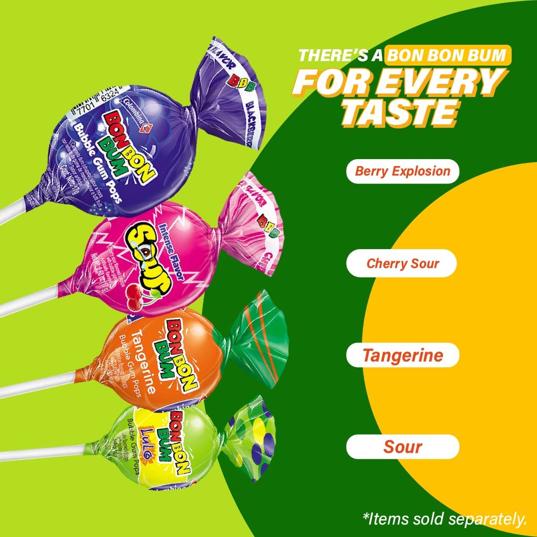 Bon Bon Bum Sour Bubble Gum Pops - 6oz Pack of 12 for Parties & Gifts