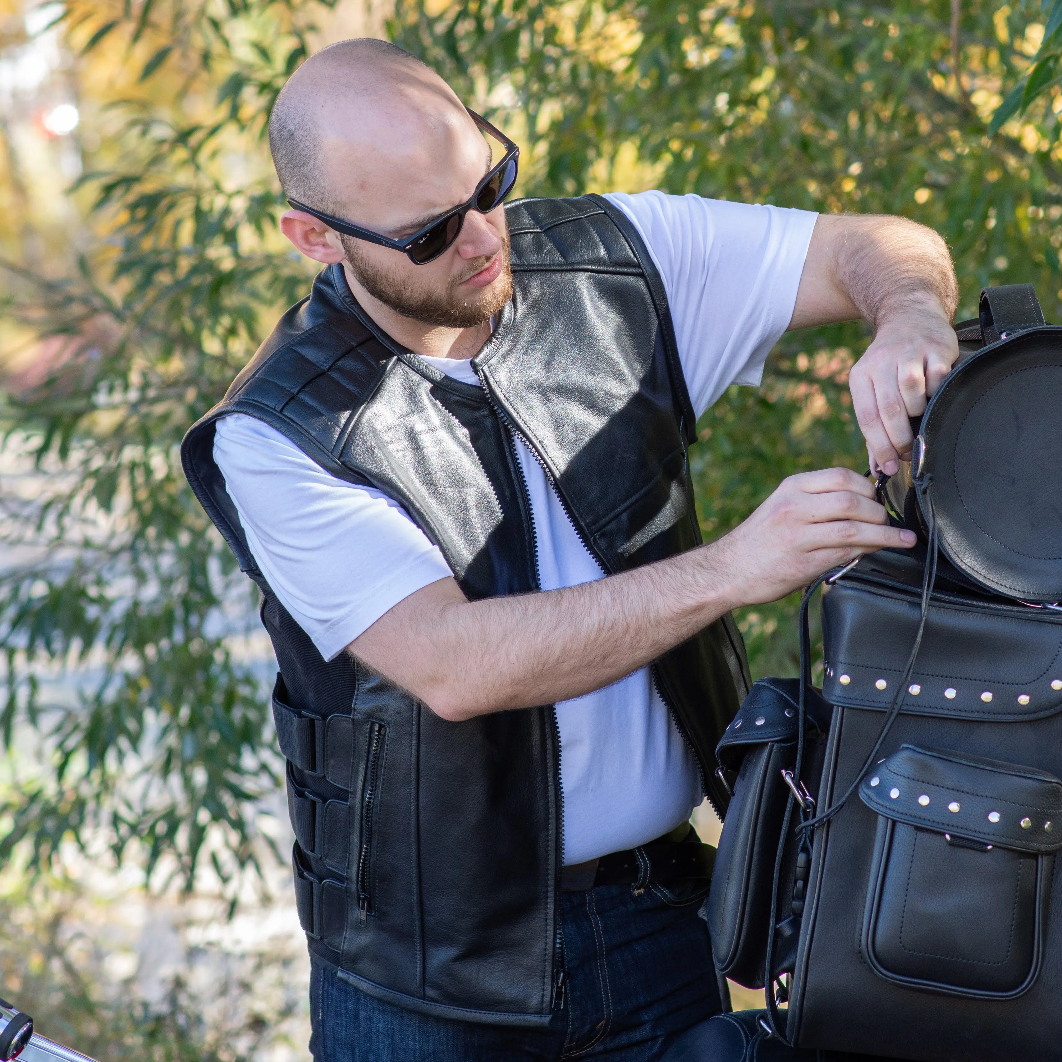 Open Road Men's Zip Up Tactical Leather Vest - Durable Biker Jacket for Motorcycle Riding, Outdoor Adventures & Casual Wear