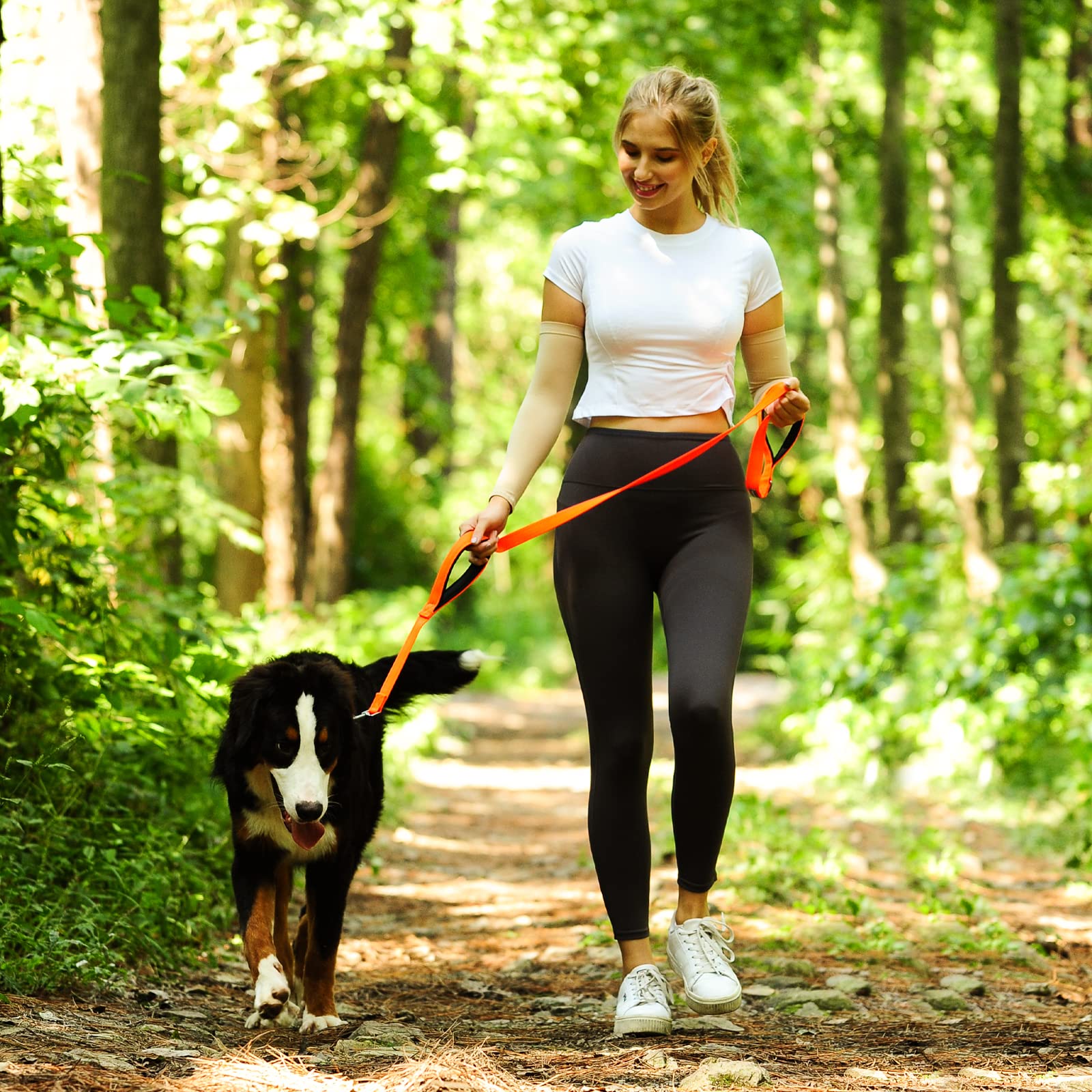 VIVAGLORY Heavy Duty Reflective Dog Leash with Dual Padded Handles - Strong Metal Hook Training Lead for Large Dogs (Orange) - Perfect for Walking, Running & Nighttime Safety