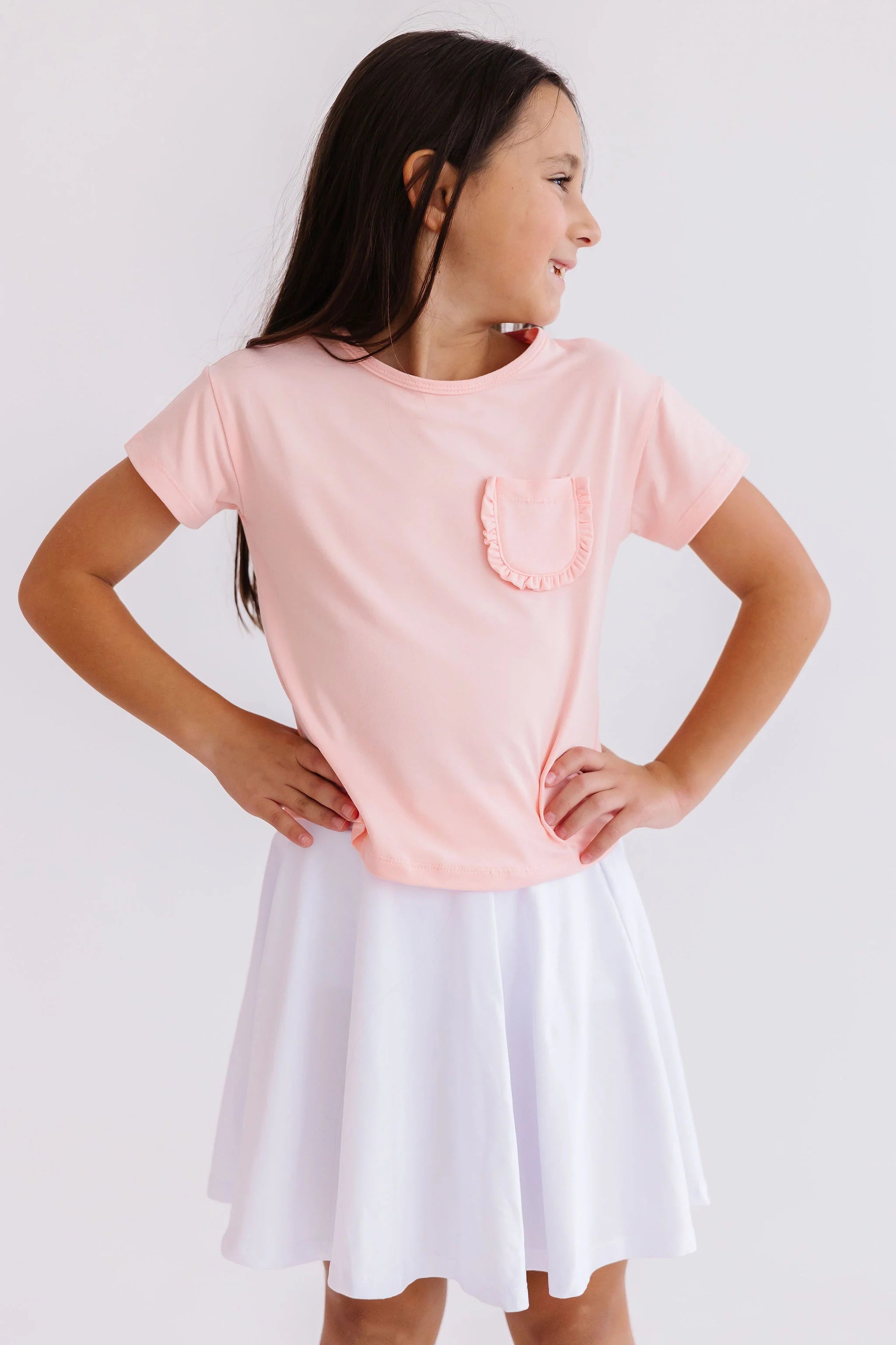 Peach Ruffle Pocket Tee - Women's Floral Blouse with Ruffled Sleeves & Chest Pocket - Perfect for Spring Outfits, Date Nights & Casual Wear