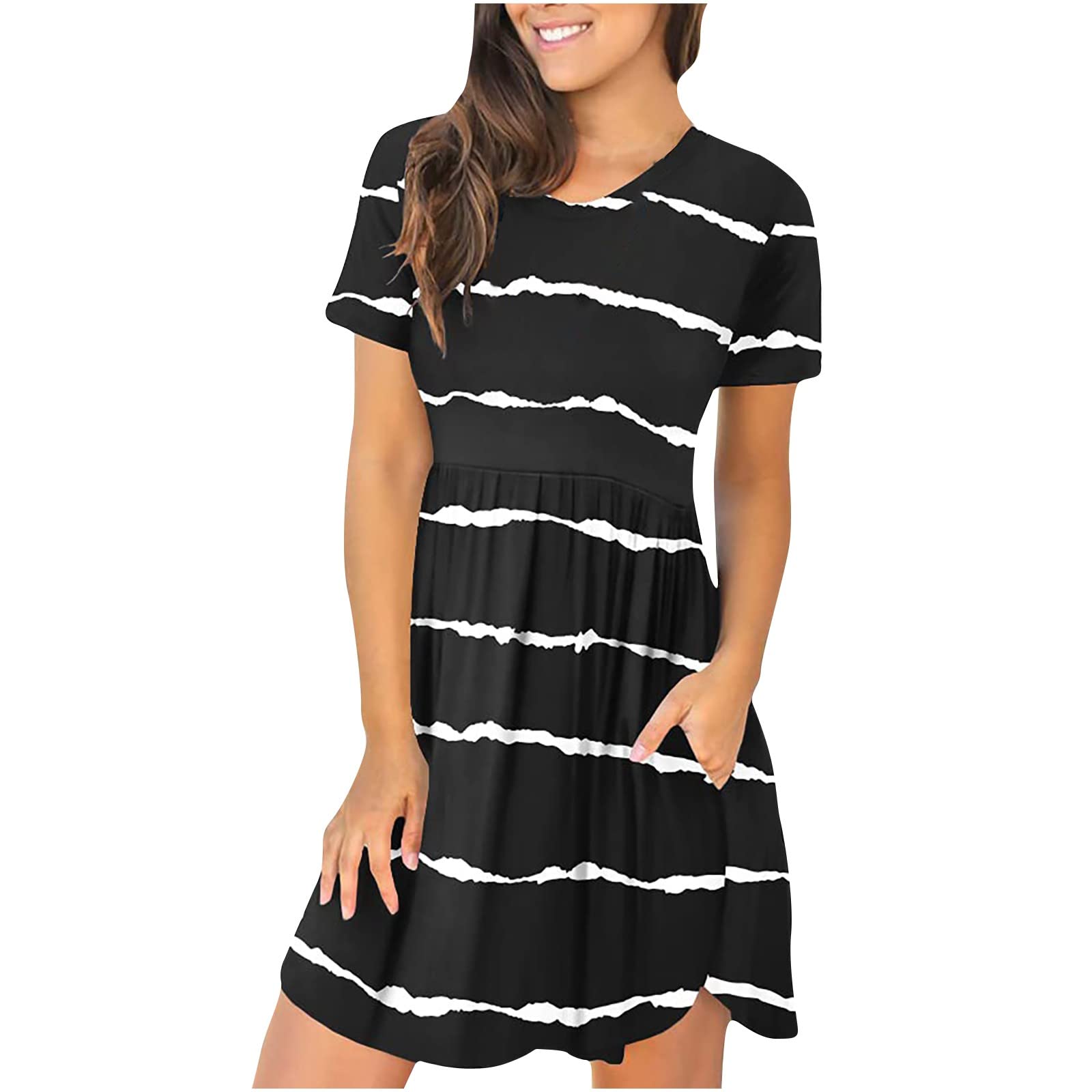 Women's Summer Casual T-Shirt Dress - Striped Swing Sun Dress with Pockets, Beach Cover Up, Short Sleeve Tunic Sundress | Perfect for Beach Vacations, Pool Parties & Summer Outings