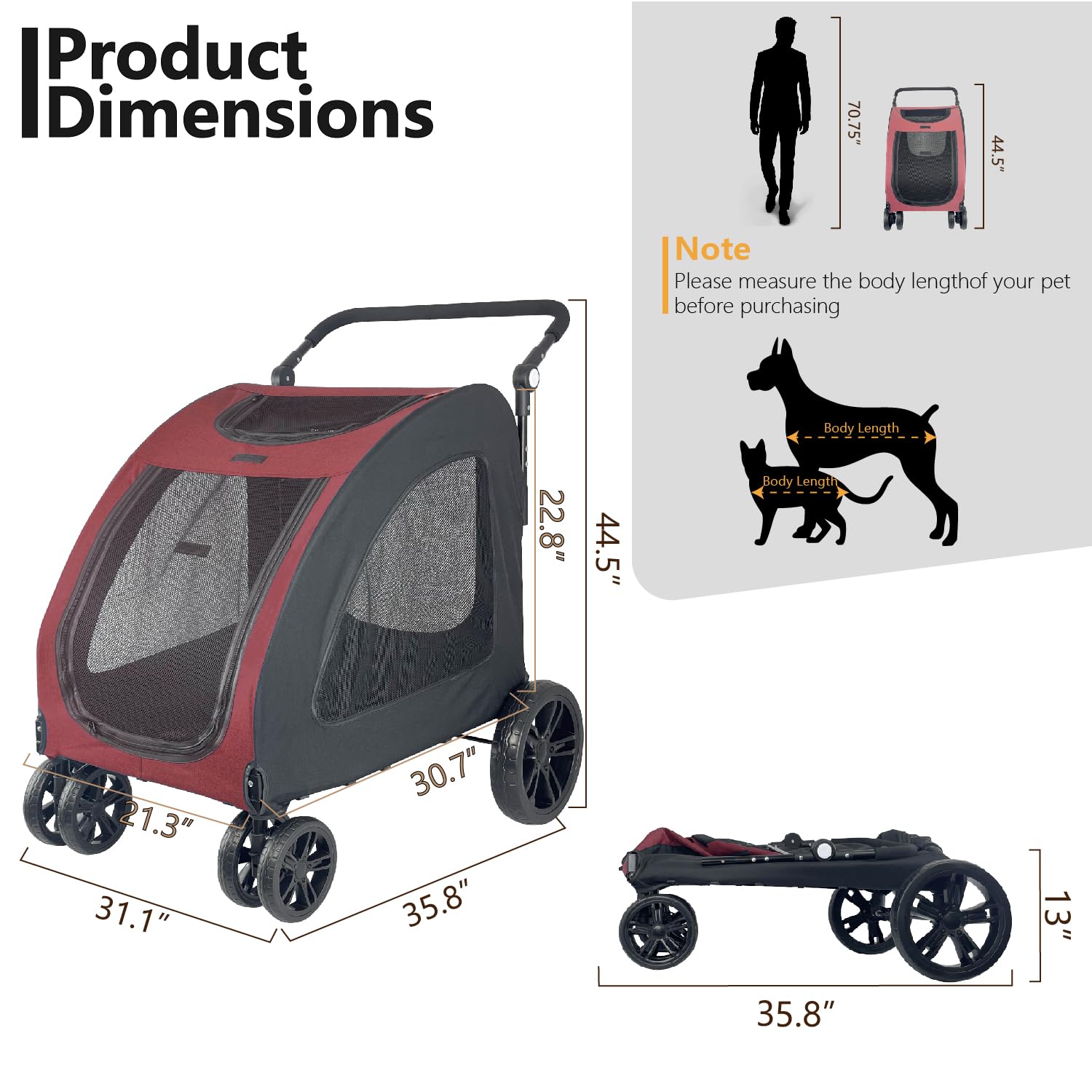 Foldable Pet Jogger Stroller for Large Dogs up to 110 lbs - Heavy Duty Universal Wheel Dog Stroller for Single or Multiple Medium & Large Breed Dogs (Red) - Perfect for Jogging, Hiking, Beach & Outdoor Adventures